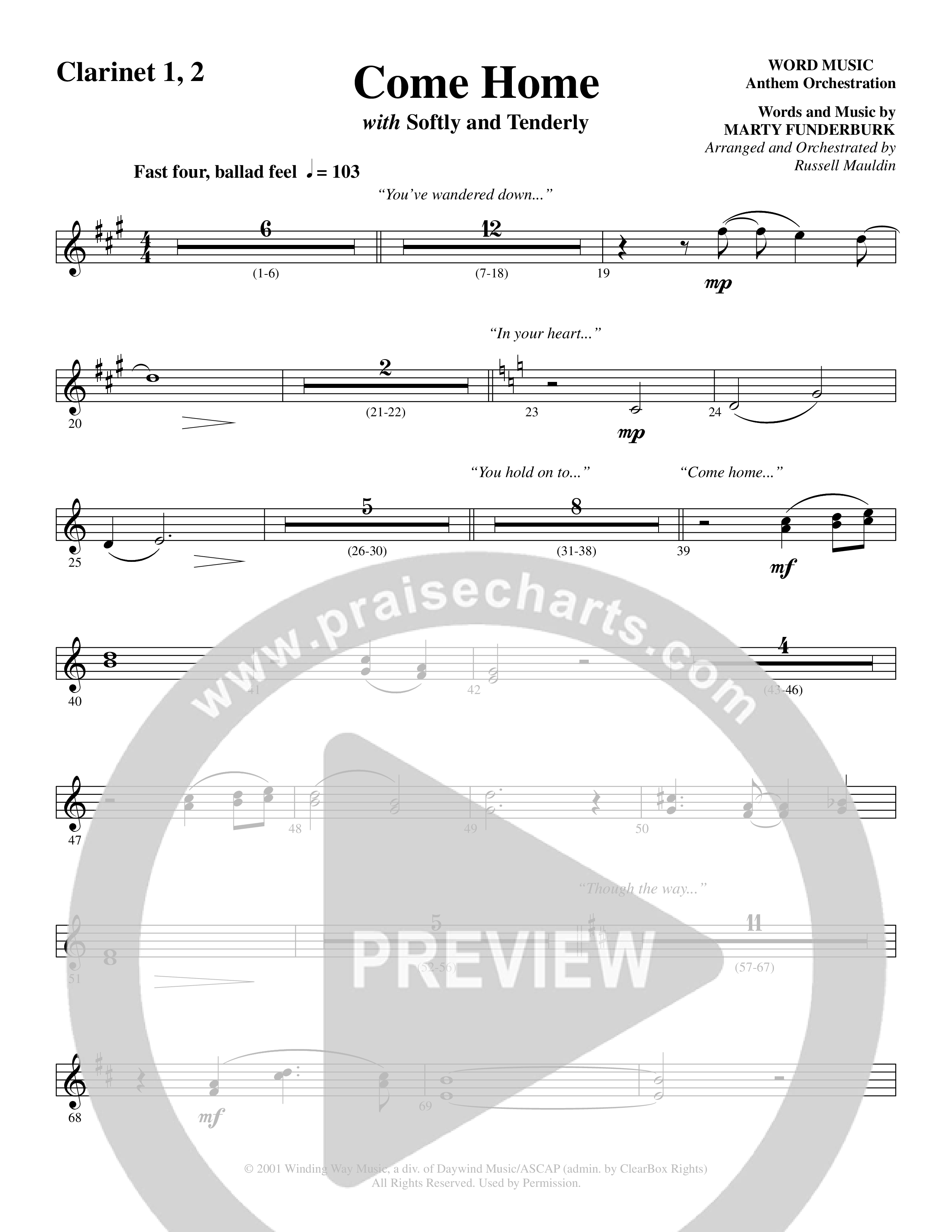 Come Home (with Softly and Tenderly) (Choral Anthem SATB) Clarinet 1/2 (Word Music Choral / Arr. Russell Mauldin)