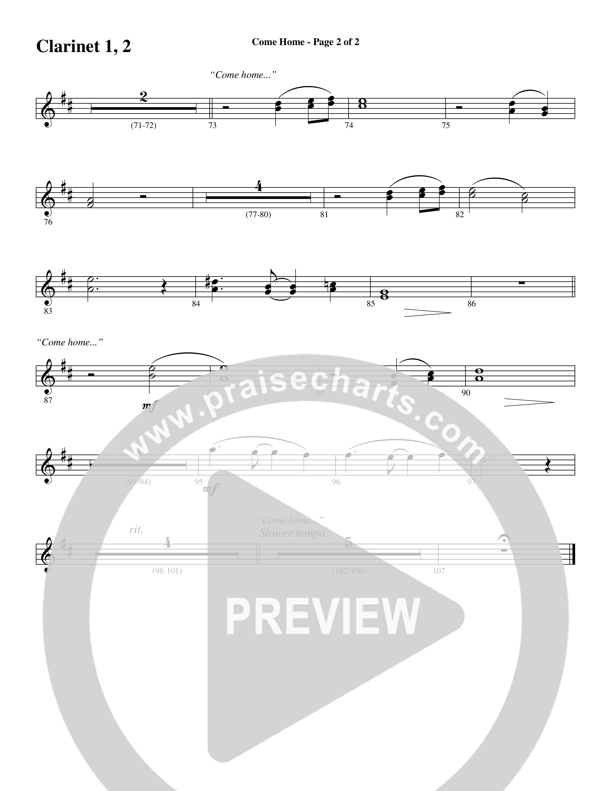 Come Home (with Softly and Tenderly) (Choral Anthem SATB) Clarinet 1/2 (Word Music Choral / Arr. Russell Mauldin)