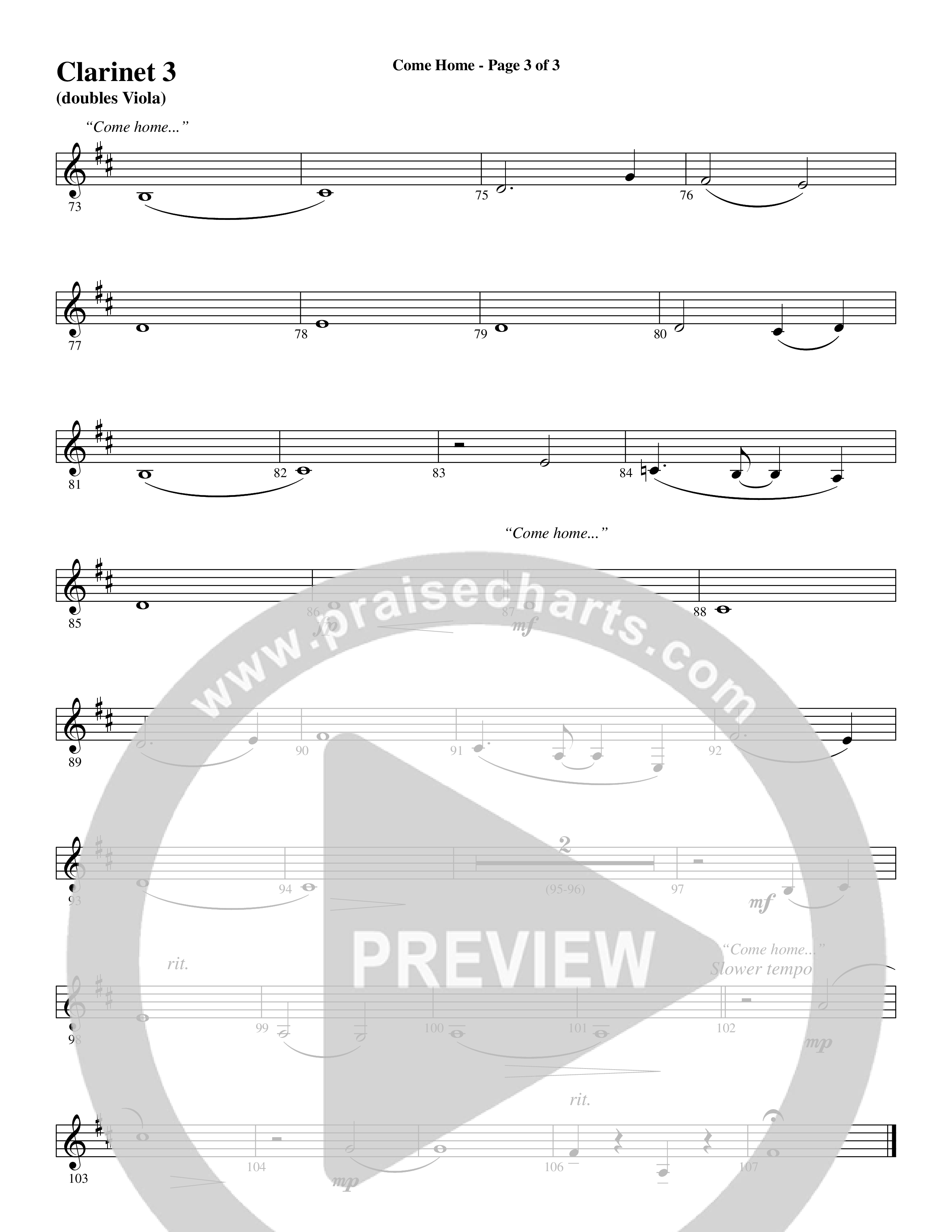 Come Home (with Softly and Tenderly) (Choral Anthem SATB) Clarinet 3 (Word Music Choral / Arr. Russell Mauldin)