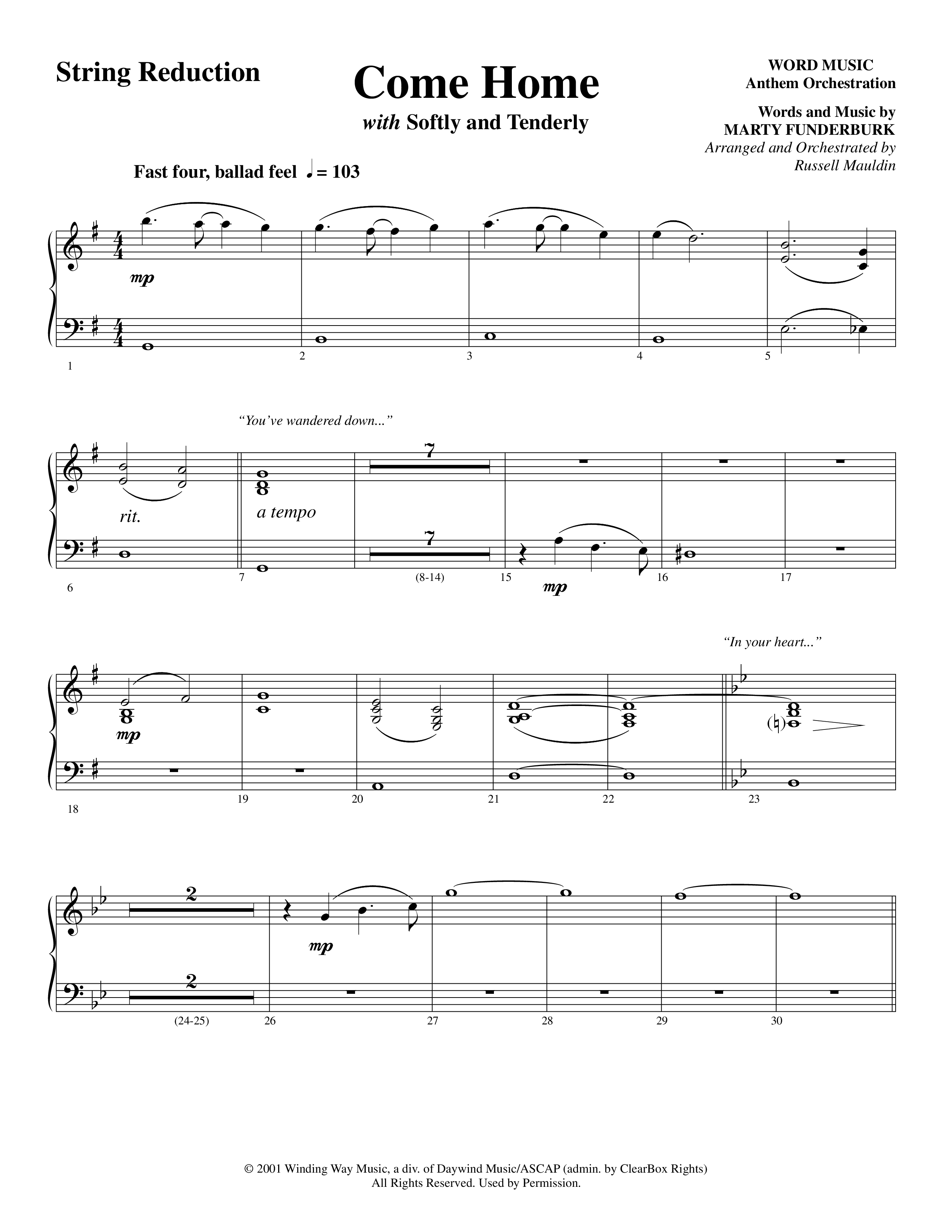 Come Home (with Softly and Tenderly) (Choral Anthem SATB) String Reduction (Word Music Choral / Arr. Russell Mauldin)