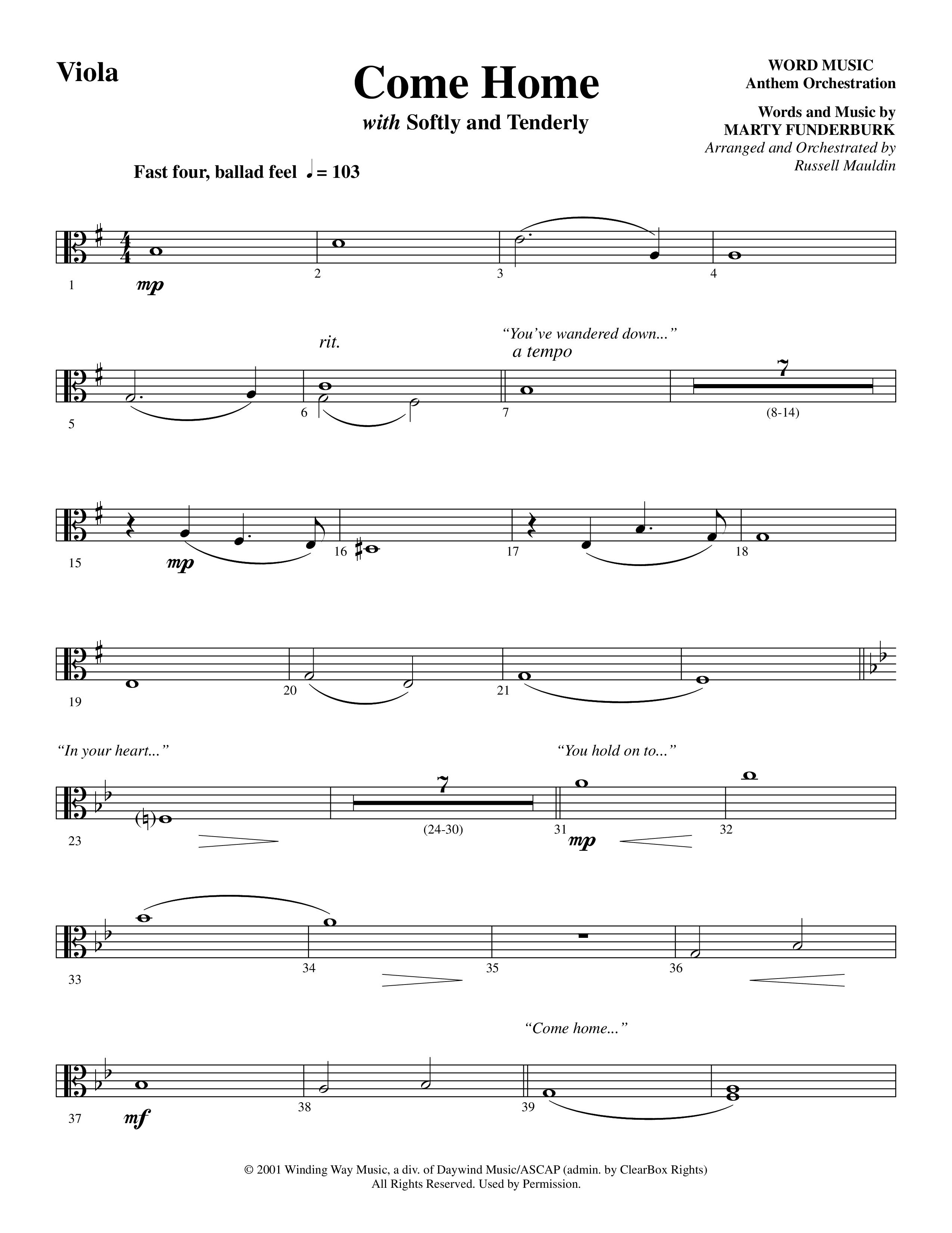 Come Home (with Softly and Tenderly) (Choral Anthem SATB) Viola (Word Music Choral / Arr. Russell Mauldin)