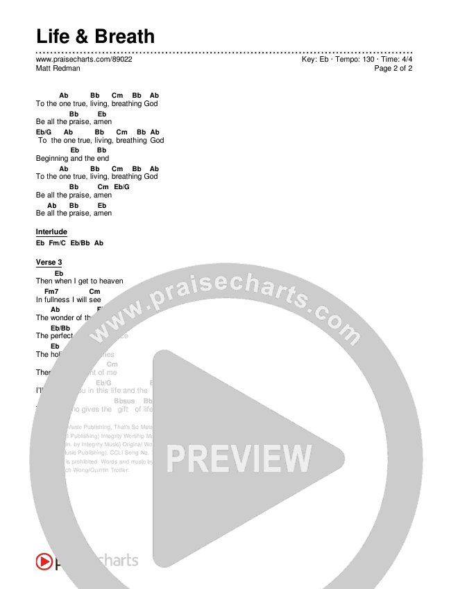 Life & Breath Chord Chart (Matt Redman)