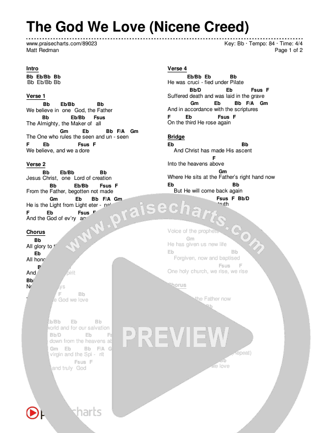 The God We Love (Nicene Creed) Chord Chart (Matt Redman)