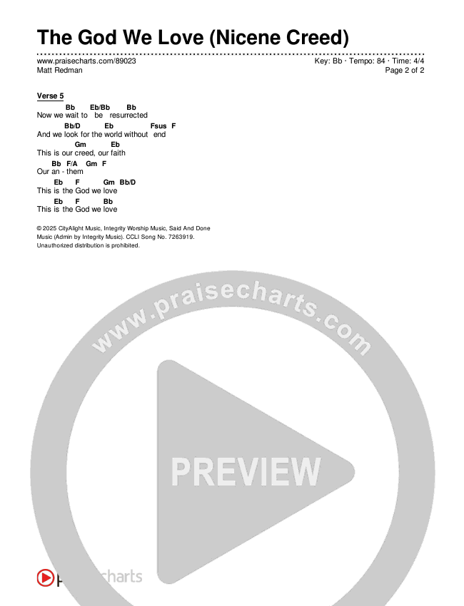 The God We Love (Nicene Creed) Chord Chart (Matt Redman)