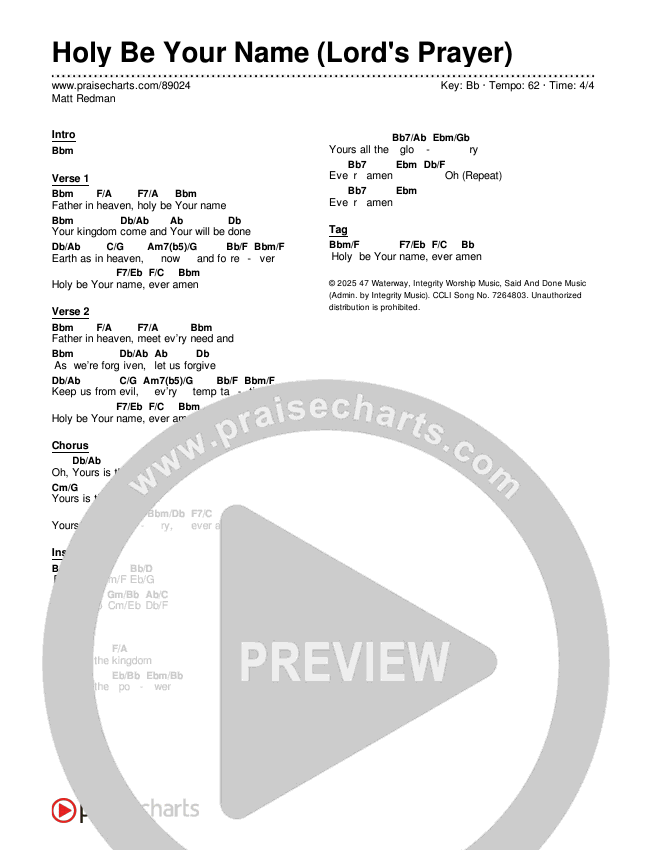 Holy Be Your Name (Lord's Prayer) Chord Chart (Matt Redman)