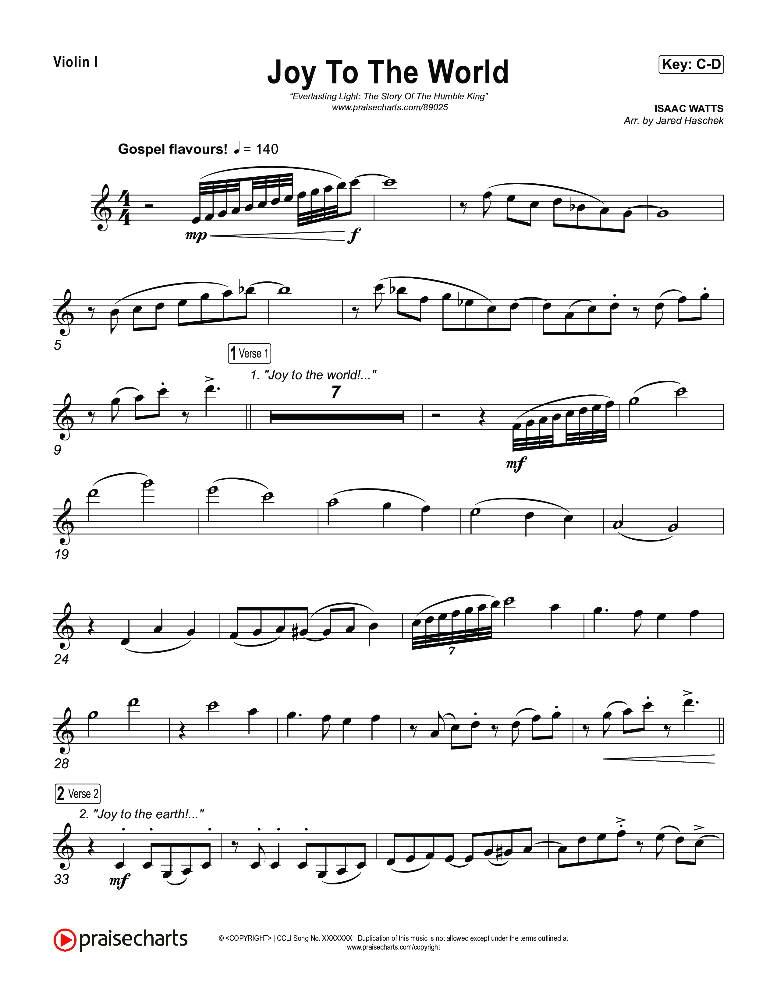 Joy To The World Violin 1,2 (Museum Of The Bible / Arr. Jared Haschek)