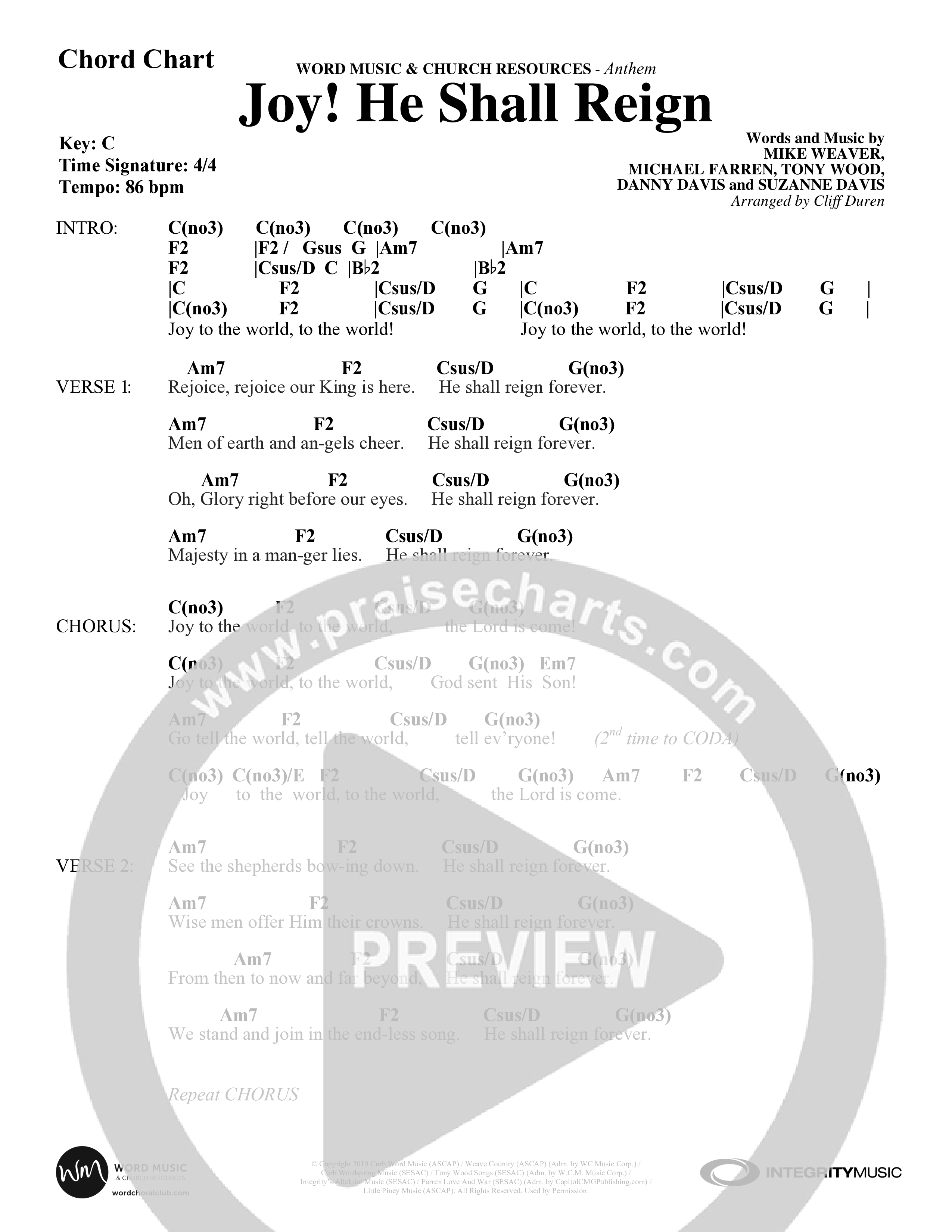 Joy He Shall Reign (Choral Anthem SATB) Chord Chart (Word Music Choral / Arr. Cliff Duren)