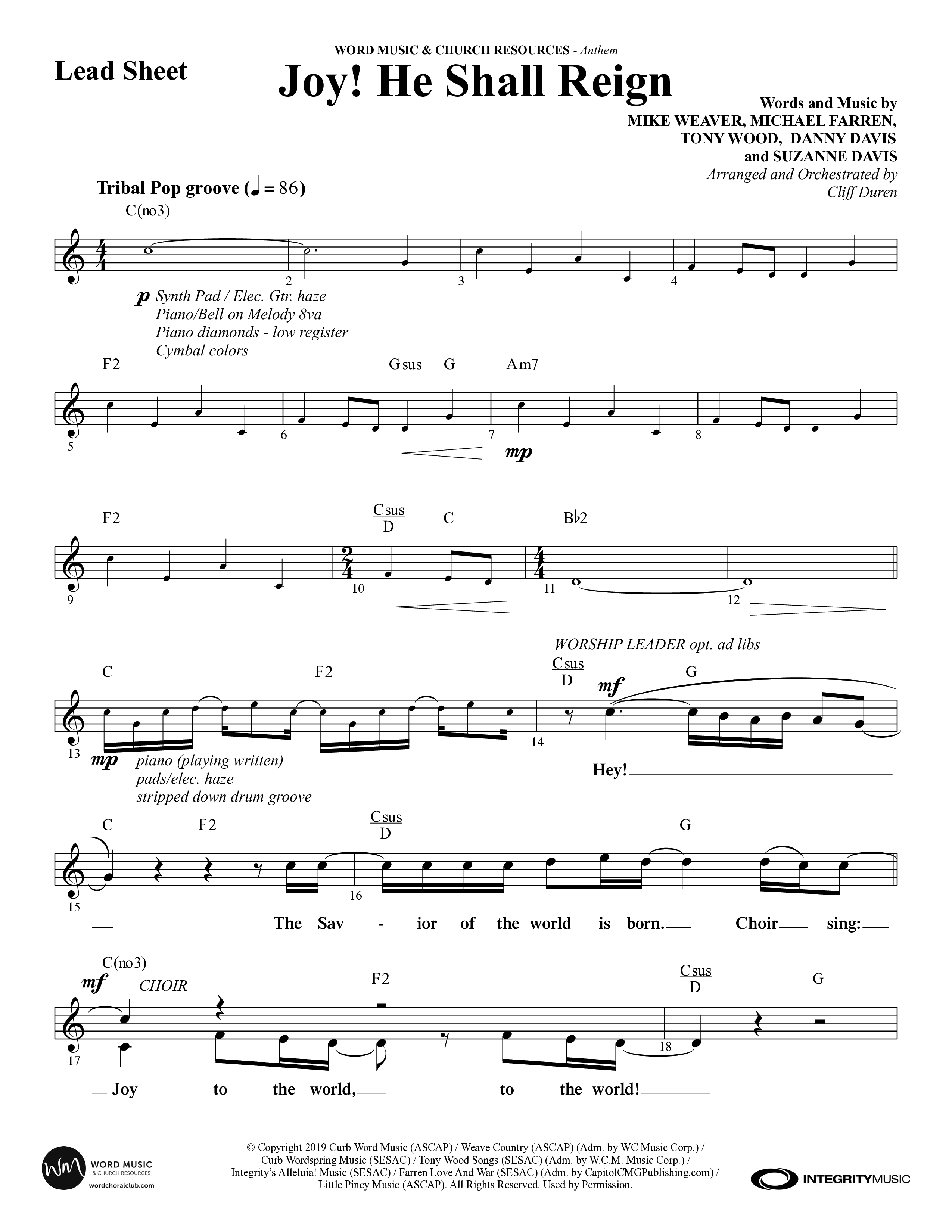 Joy He Shall Reign (Choral Anthem SATB) Lead Sheet (Melody) (Word Music Choral / Arr. Cliff Duren)
