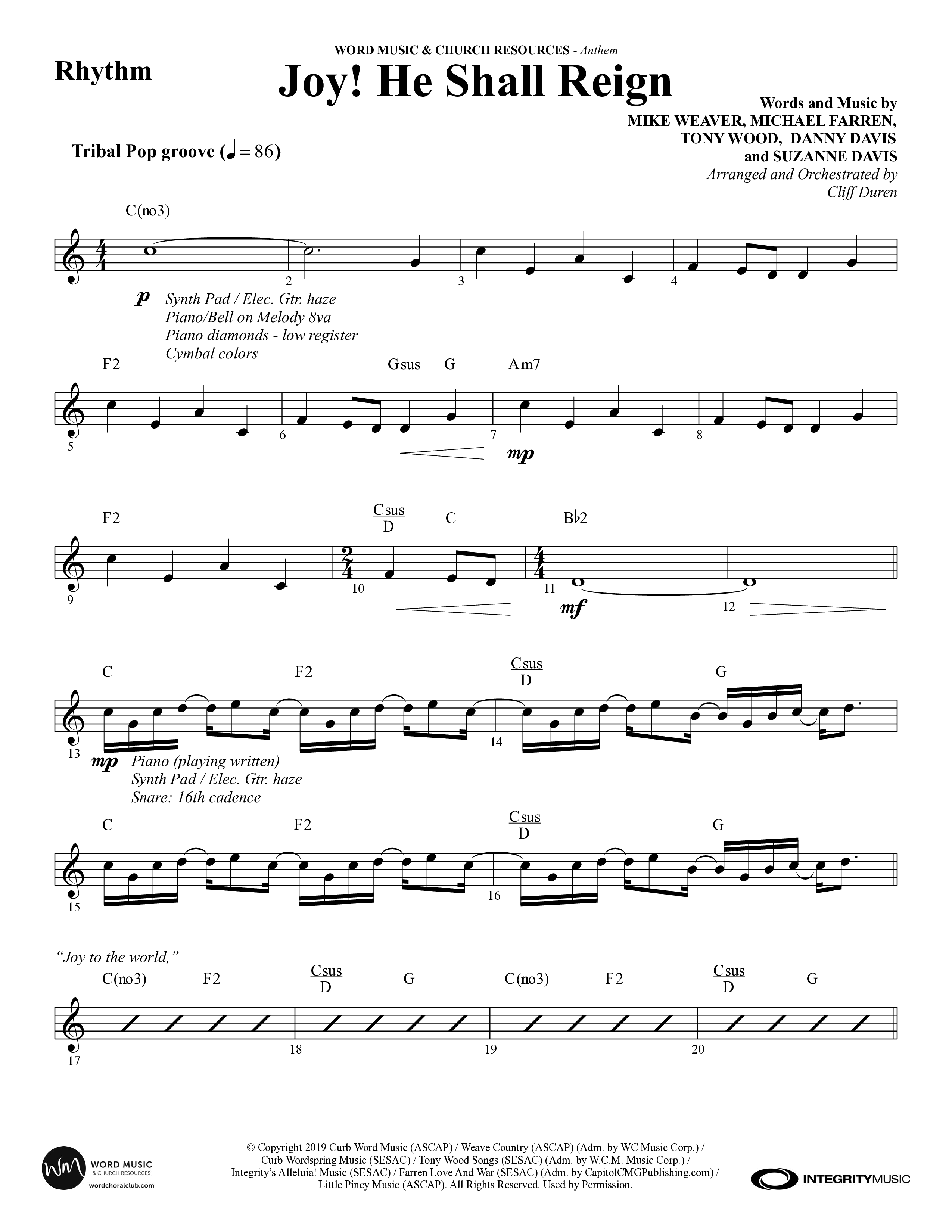 Joy He Shall Reign (Choral Anthem SATB) Rhythm Chart (Word Music Choral / Arr. Cliff Duren)