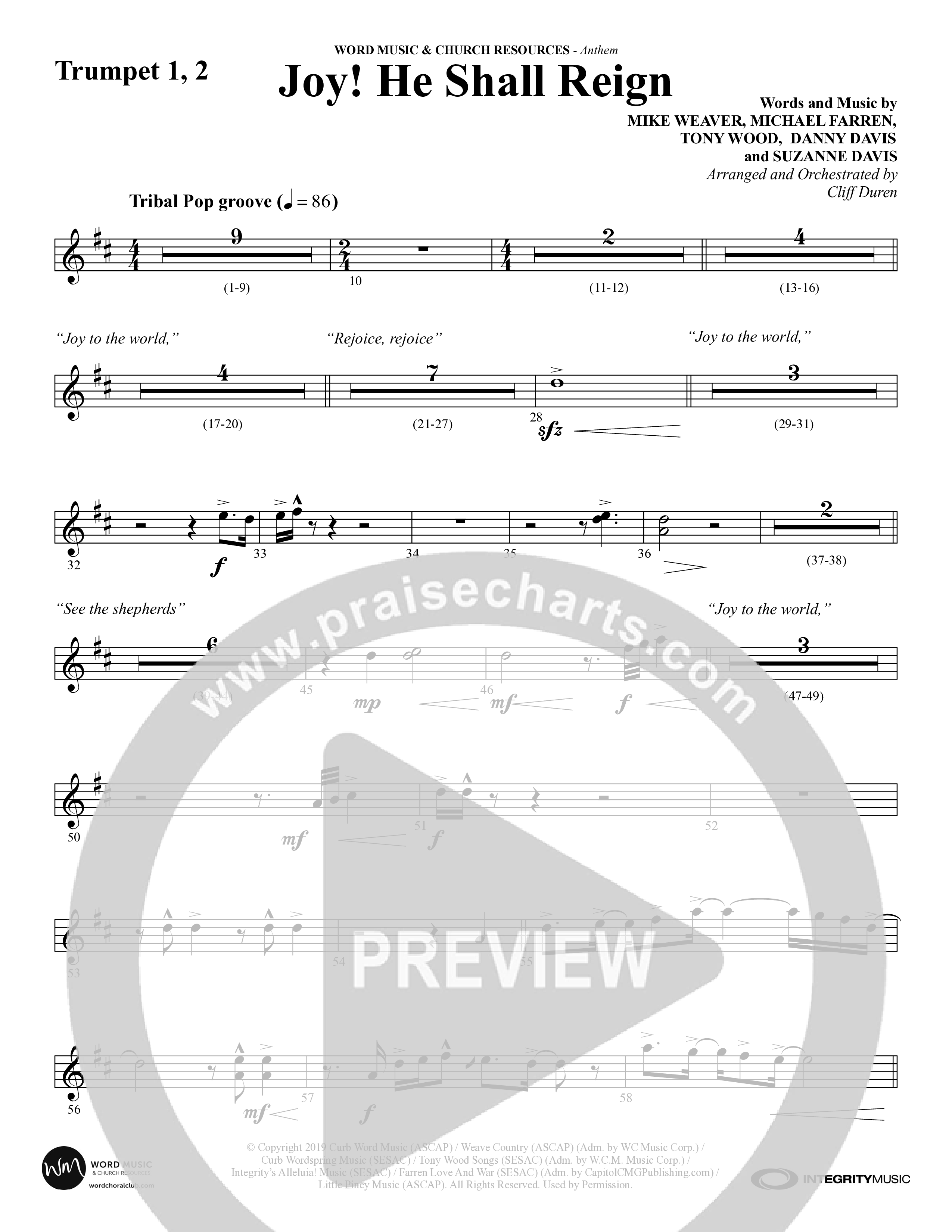 Joy He Shall Reign (Choral Anthem SATB) Trumpet 1,2 (Word Music Choral / Arr. Cliff Duren)