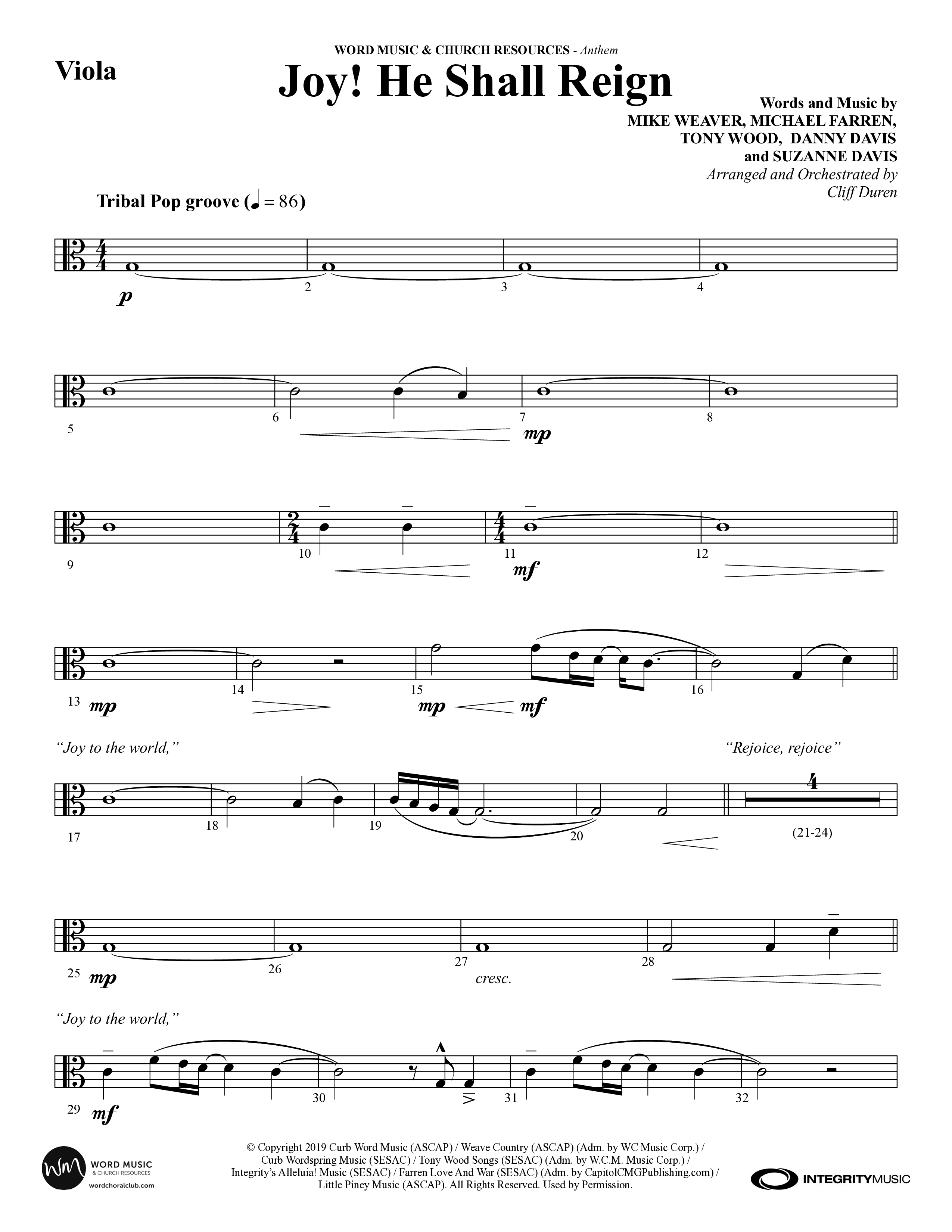 Joy He Shall Reign (Choral Anthem SATB) Viola (Word Music Choral / Arr. Cliff Duren)