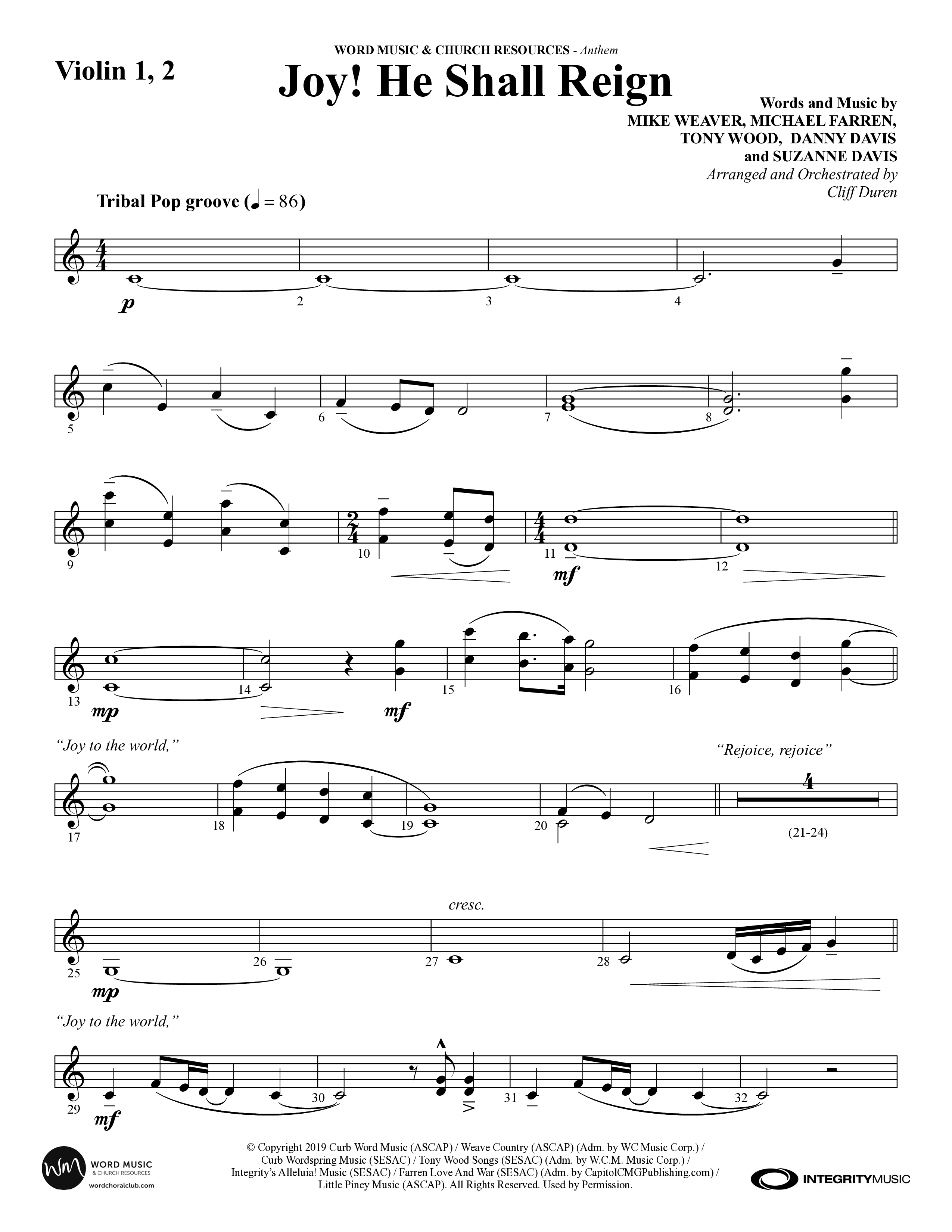 Joy He Shall Reign (Choral Anthem SATB) Violin 1/2 (Word Music Choral / Arr. Cliff Duren)