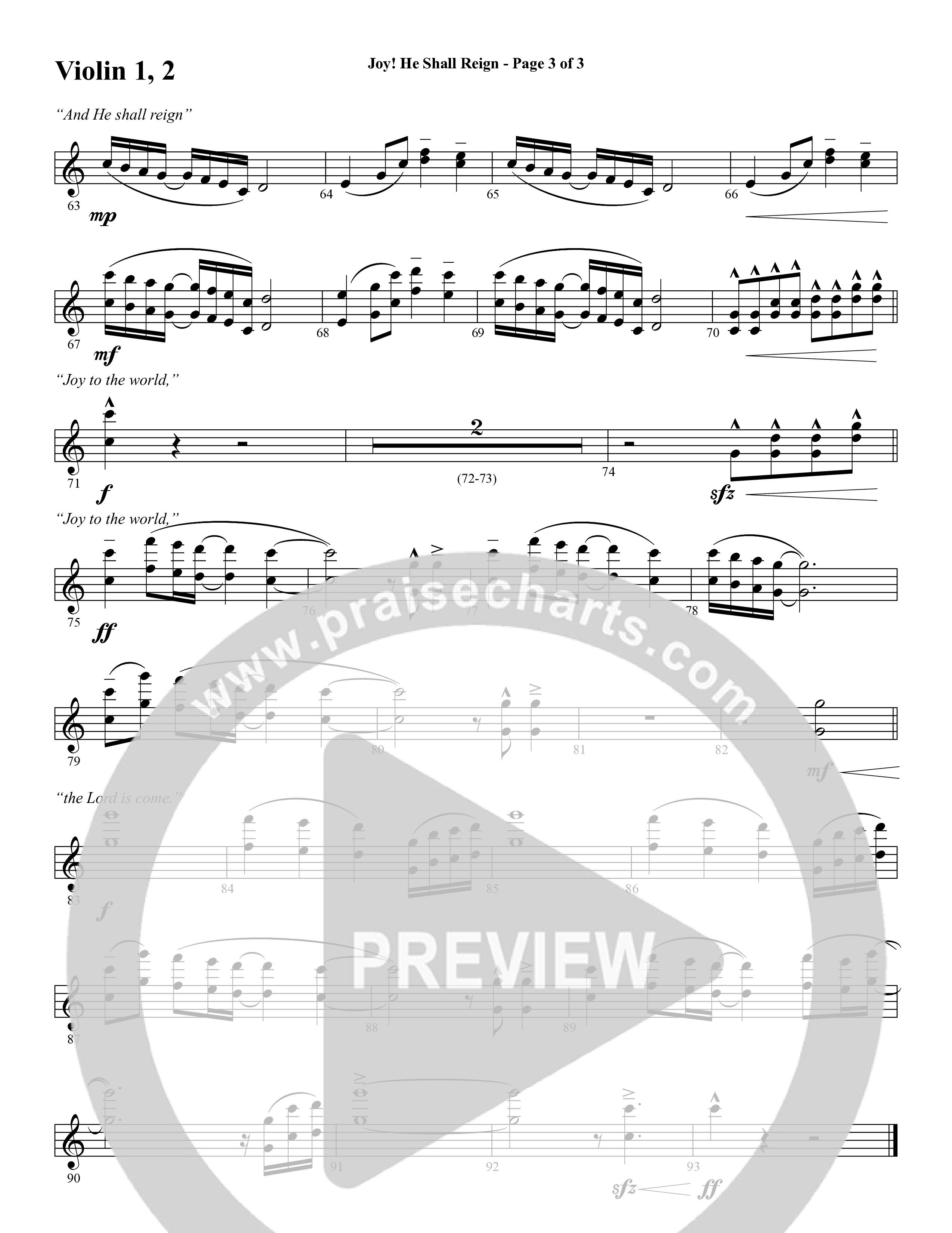 Joy He Shall Reign (Choral Anthem SATB) Violin 1/2 (Word Music Choral / Arr. Cliff Duren)