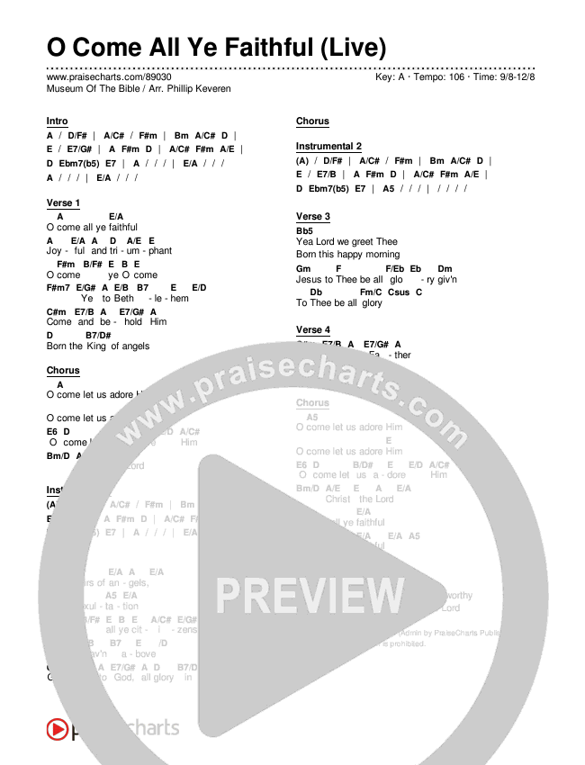 O Come All Ye Faithful Chords & Lyrics (Museum Of The Bible / Arr. Phillip Keveren)