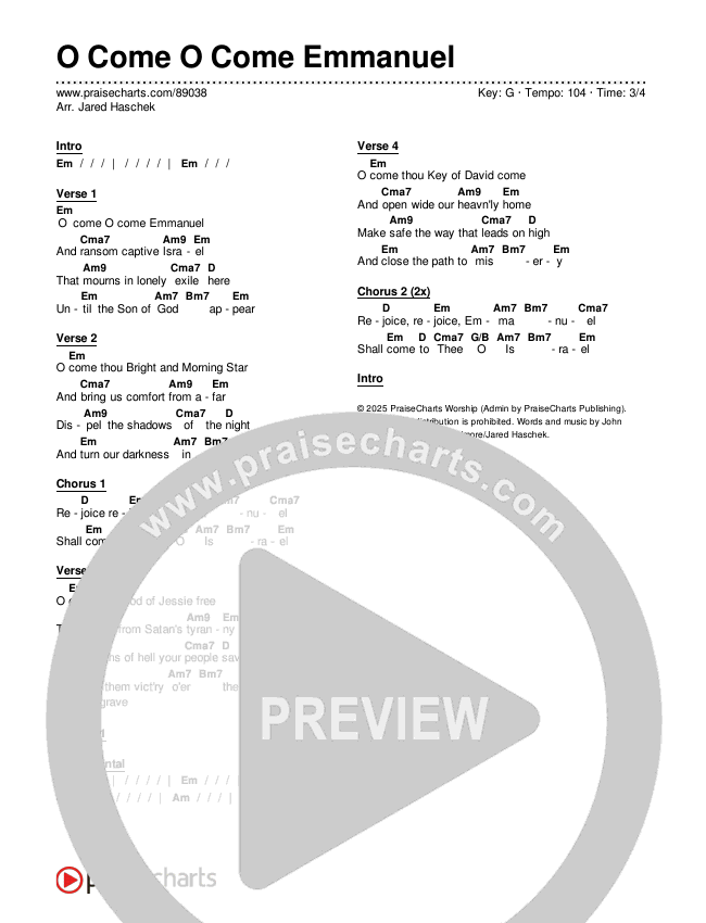 O Come O Come Emmanuel Chords & Lyrics (Museum Of The Bible / Arr. Jared Haschek)
