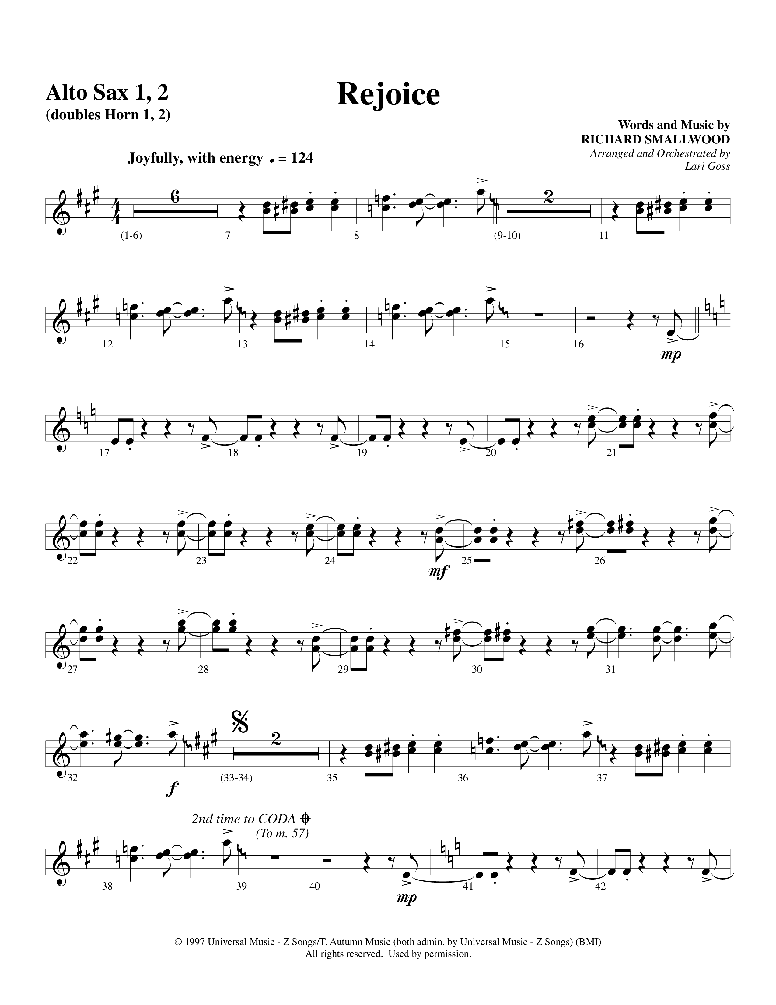 Rejoice (Choral Anthem SATB) Alto Sax 1/2 (Word Music Choral / Arr. Lari Goss)