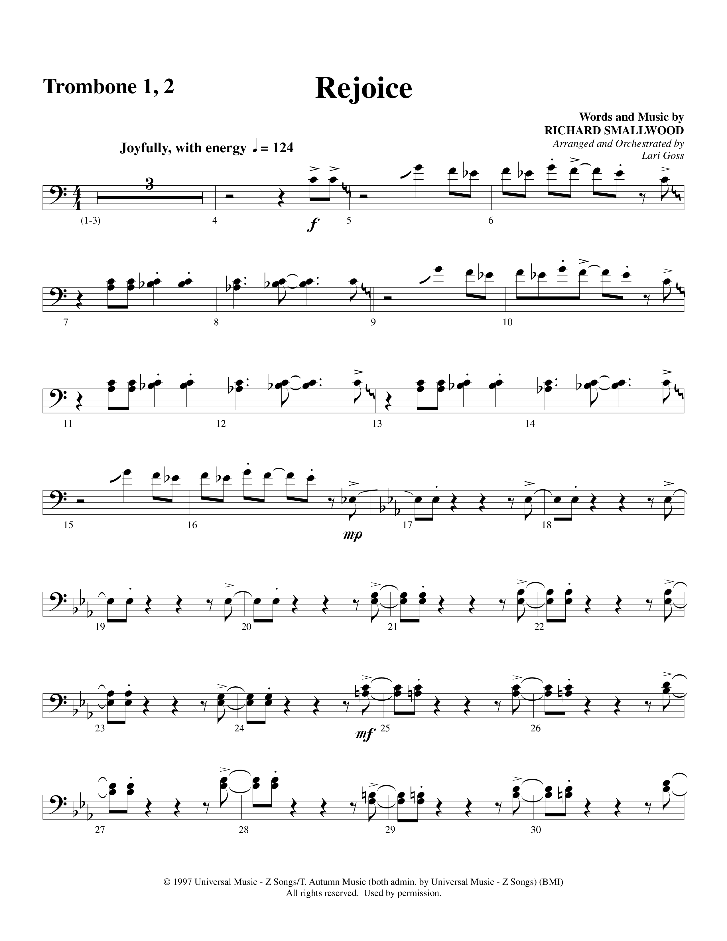 Rejoice (Choral Anthem SATB) Trombone 1/2 (Word Music Choral / Arr. Lari Goss)