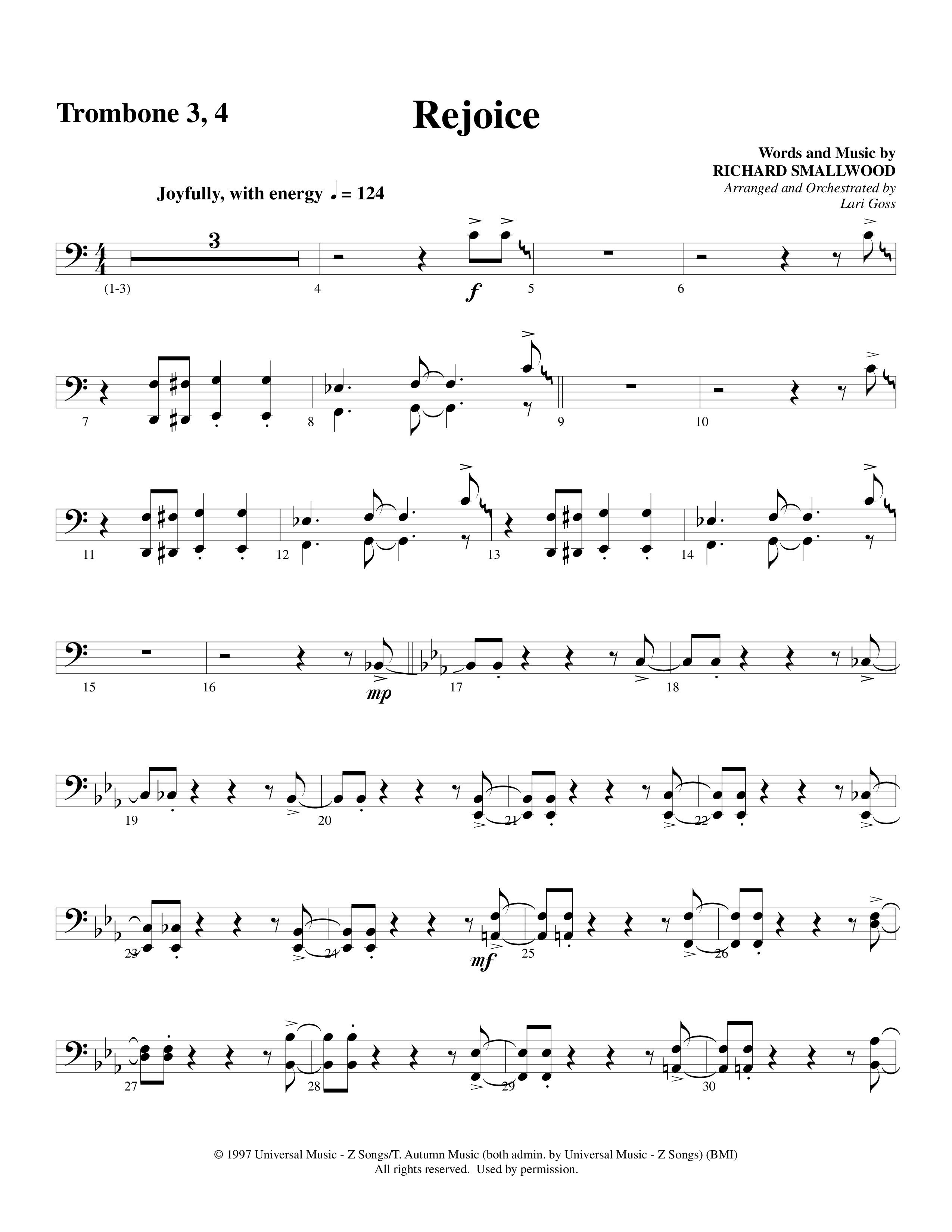 Rejoice (Choral Anthem SATB) Trombone 3/4 (Word Music Choral / Arr. Lari Goss)