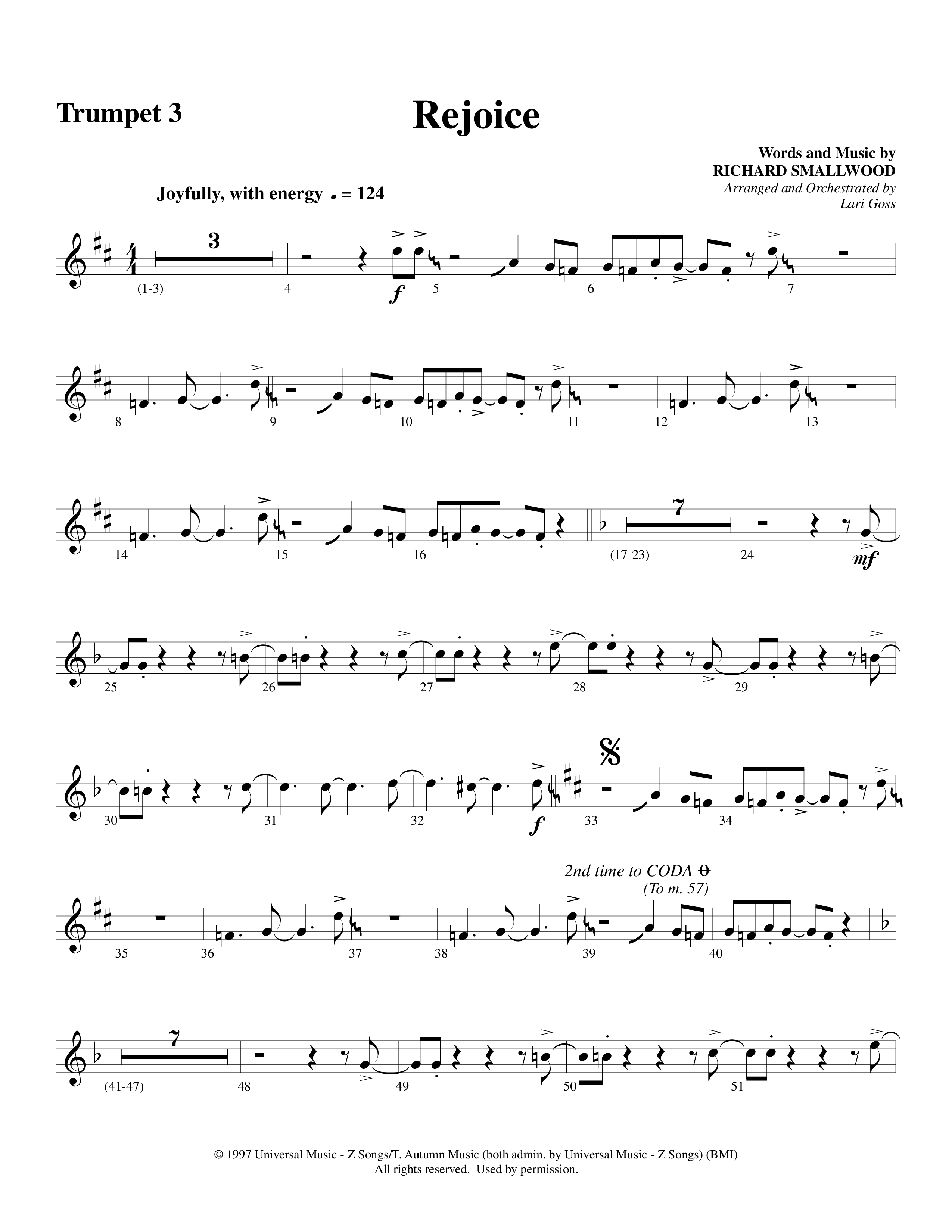 Rejoice (Choral Anthem SATB) Trumpet 3 (Word Music Choral / Arr. Lari Goss)