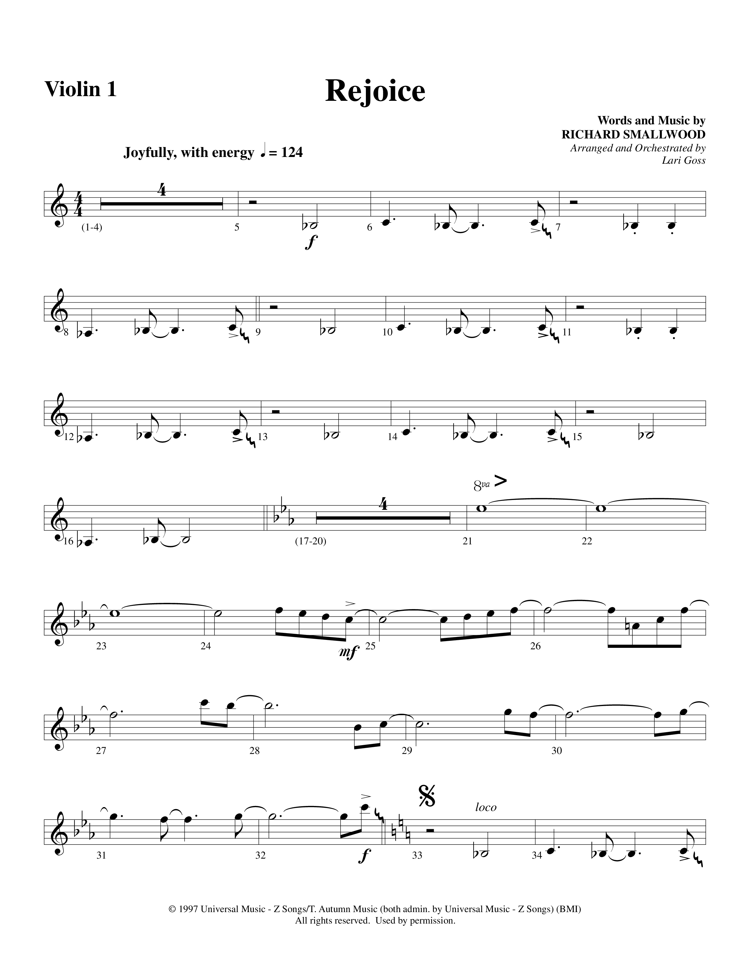 Rejoice (Choral Anthem SATB) Violin 1 (Word Music Choral / Arr. Lari Goss)