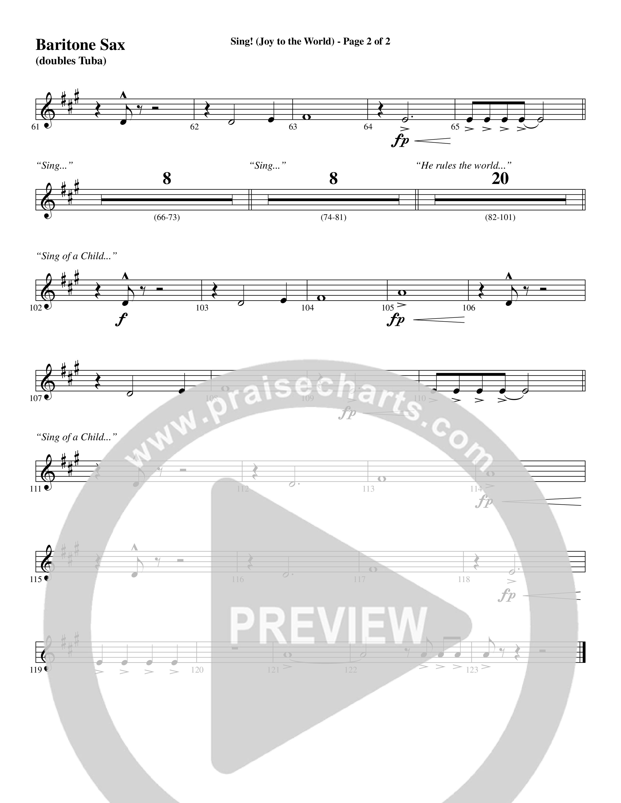 Sing Joy To The World (Choral Anthem SATB) Bari Sax (Word Music Choral / Arr. Marty Hamby)