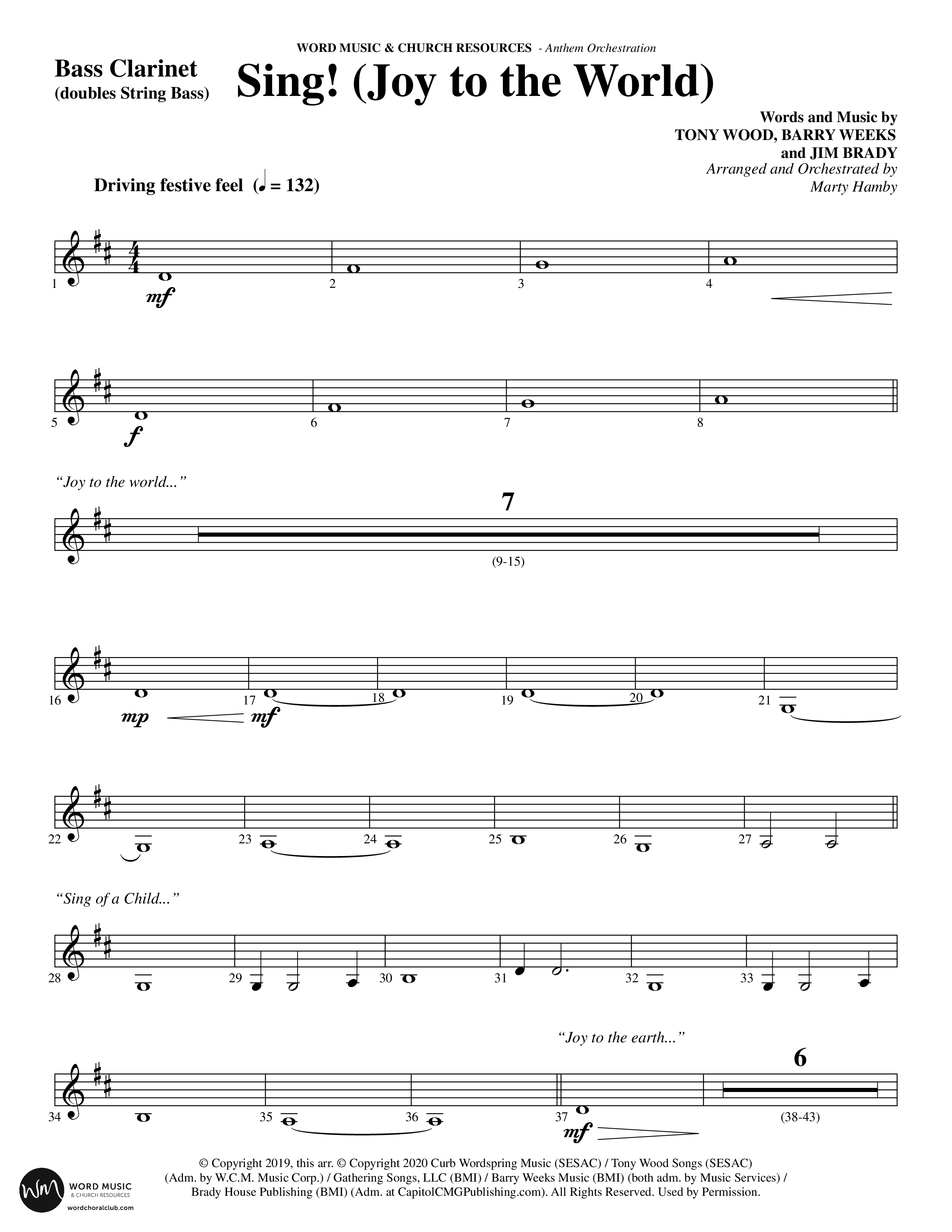 Sing Joy To The World (Choral Anthem SATB) Bass Clarinet (Word Music Choral / Arr. Marty Hamby)
