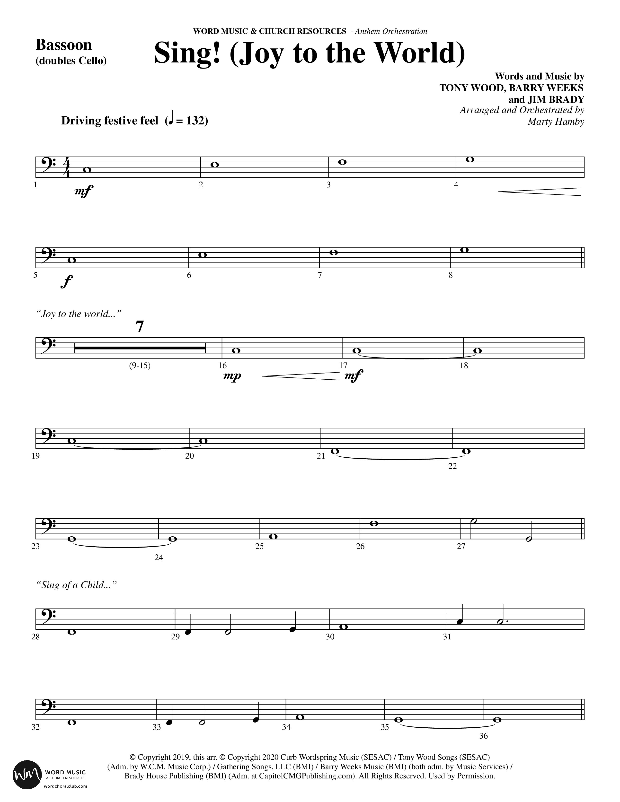 Sing Joy To The World (Choral Anthem SATB) Bassoon (Word Music Choral / Arr. Marty Hamby)