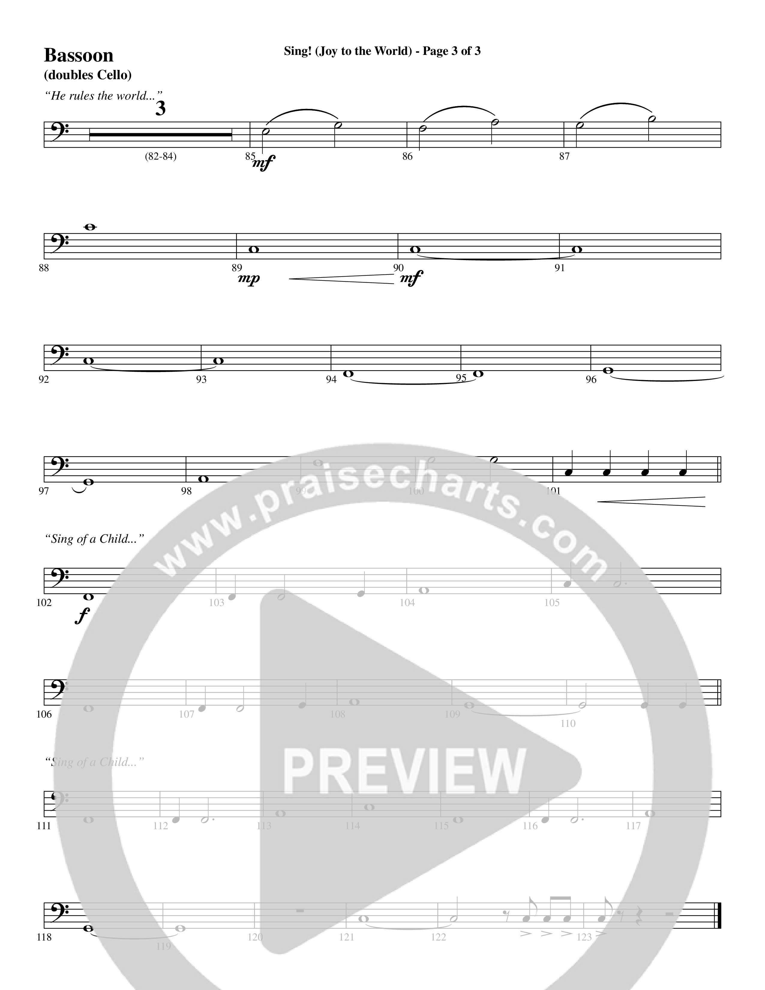 Sing Joy To The World (Choral Anthem SATB) Bassoon (Word Music Choral / Arr. Marty Hamby)