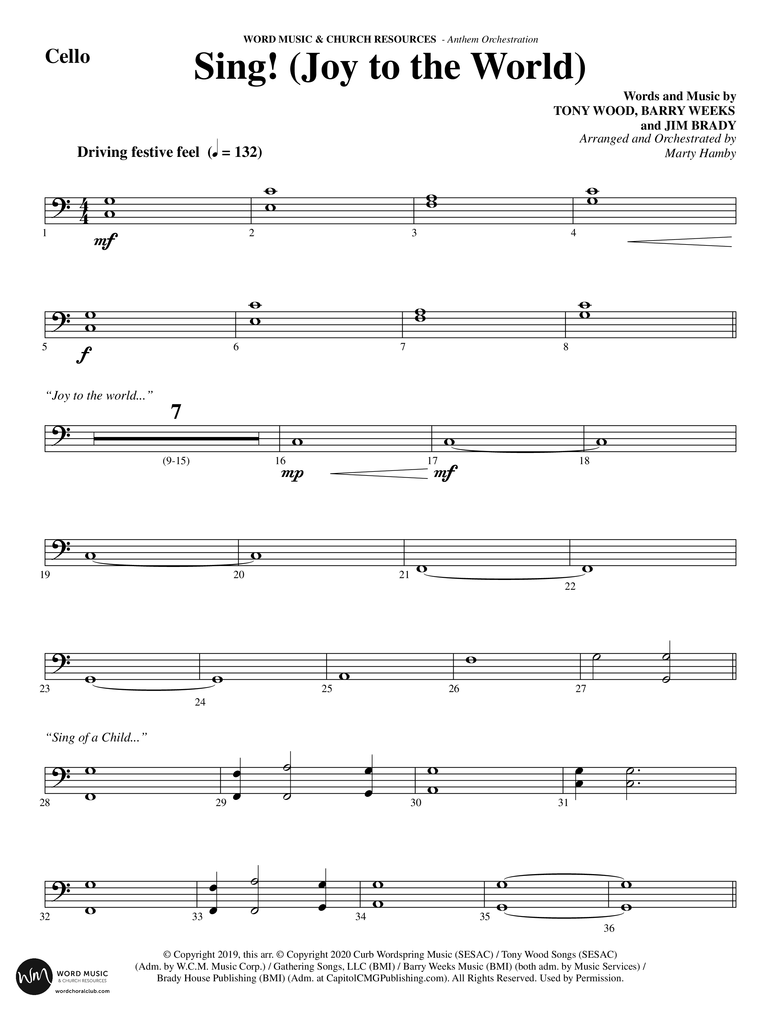 Sing Joy To The World (Choral Anthem SATB) Cello (Word Music Choral / Arr. Marty Hamby)