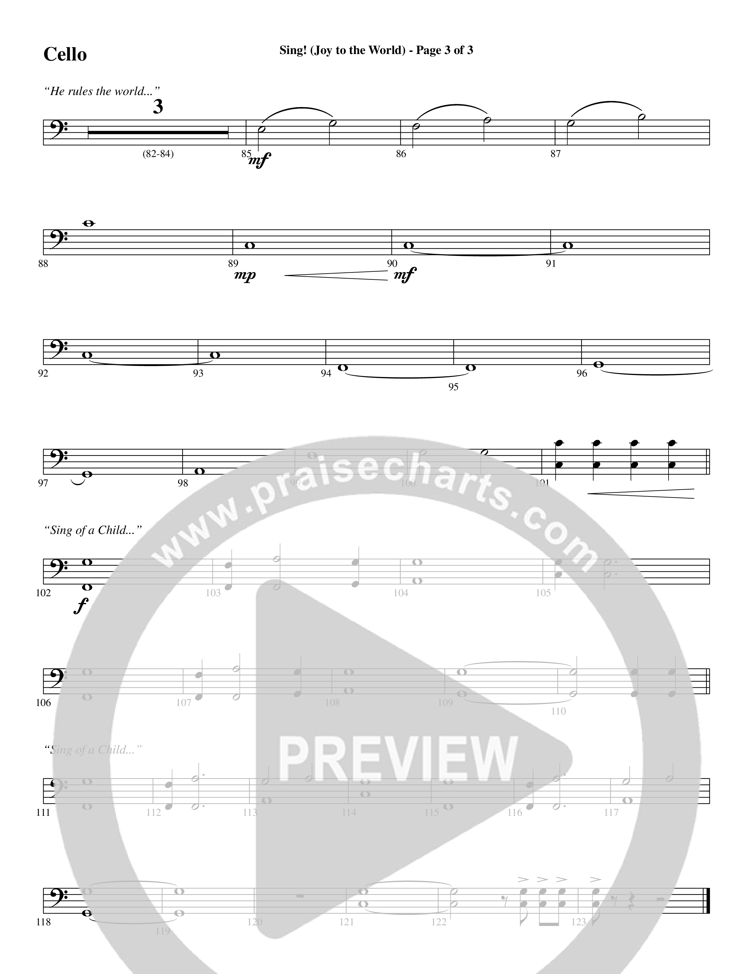 Sing Joy To The World (Choral Anthem SATB) Cello (Word Music Choral / Arr. Marty Hamby)