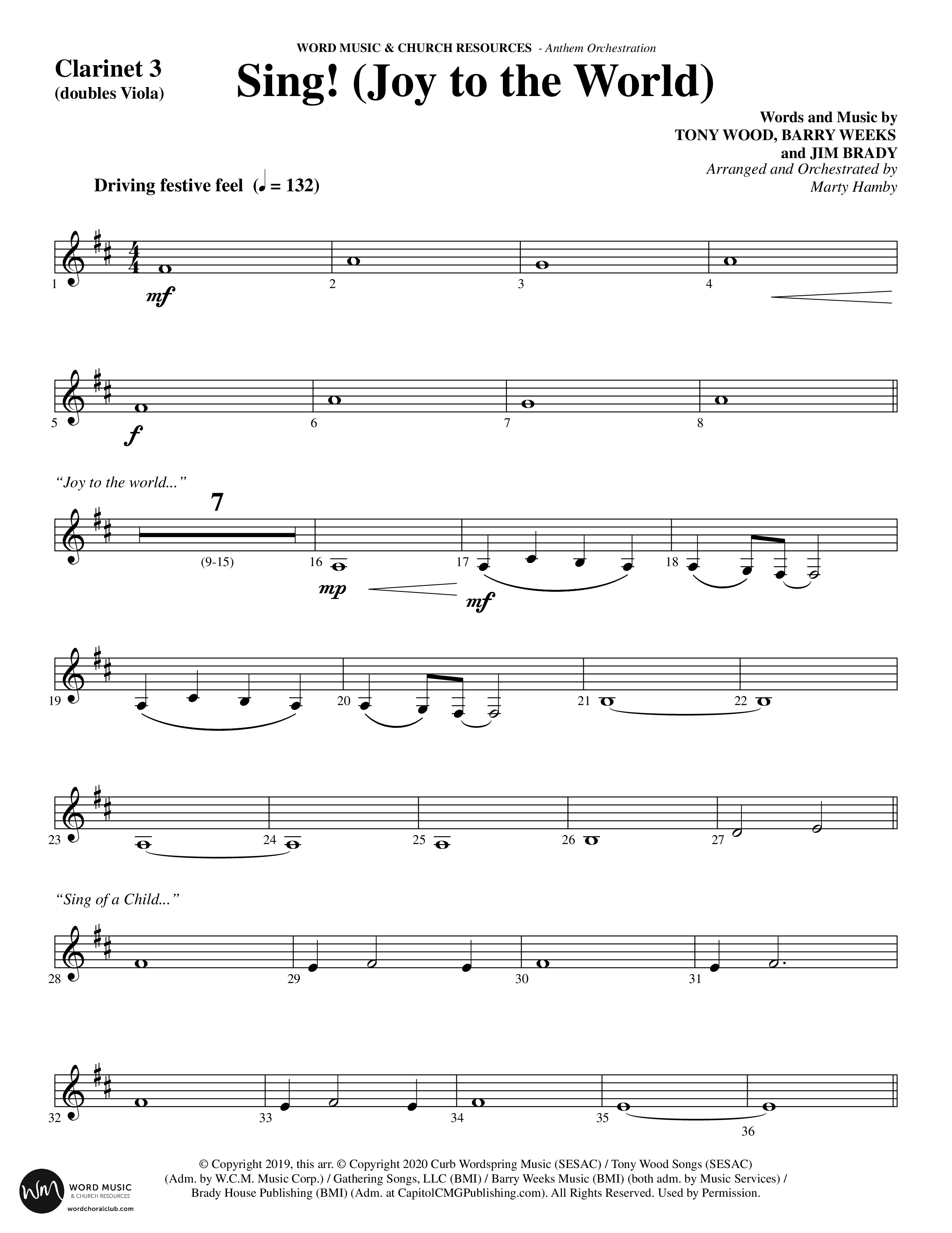 Sing Joy To The World (Choral Anthem SATB) Clarinet 3 (Word Music Choral / Arr. Marty Hamby)