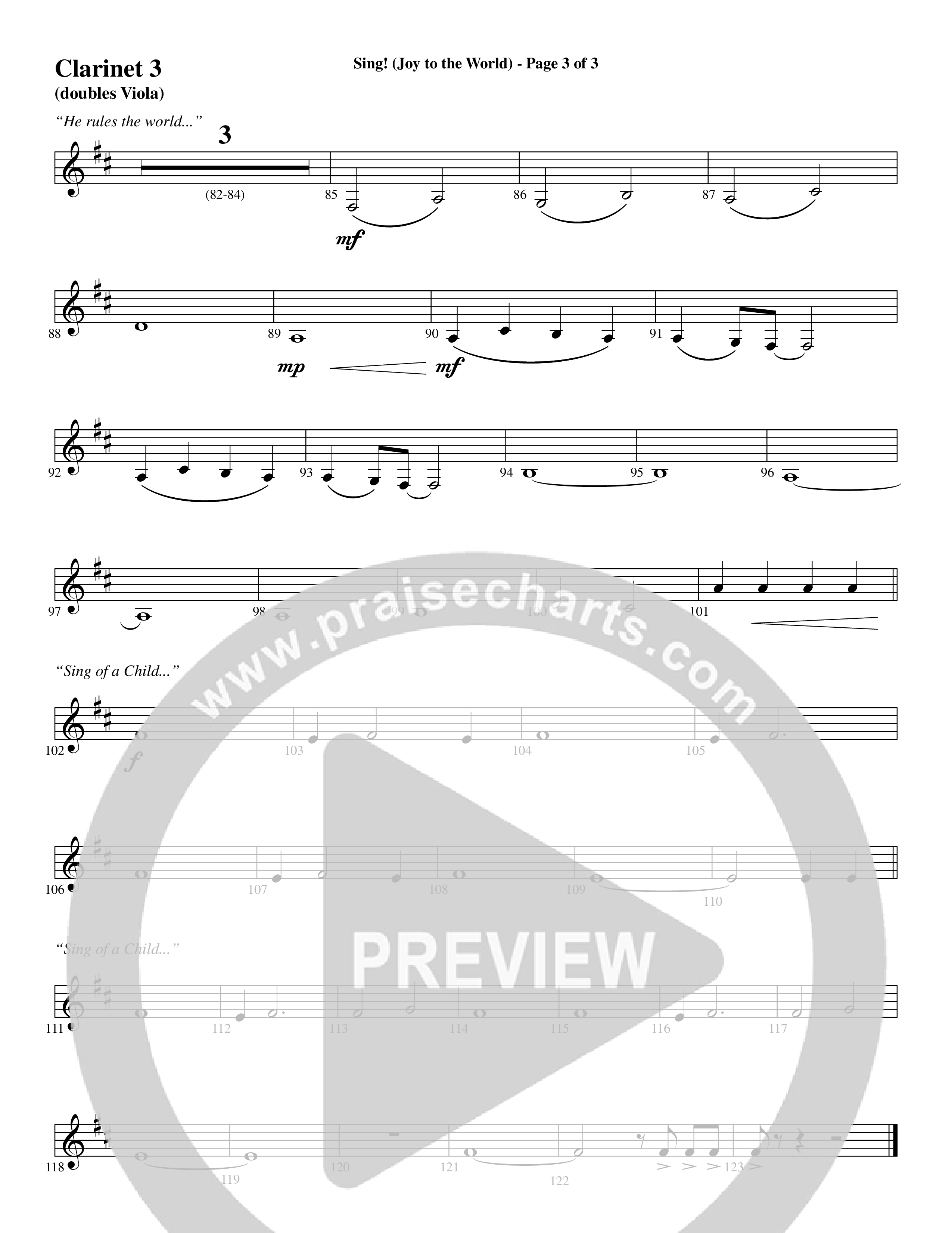 Sing Joy To The World (Choral Anthem SATB) Clarinet 3 (Word Music Choral / Arr. Marty Hamby)