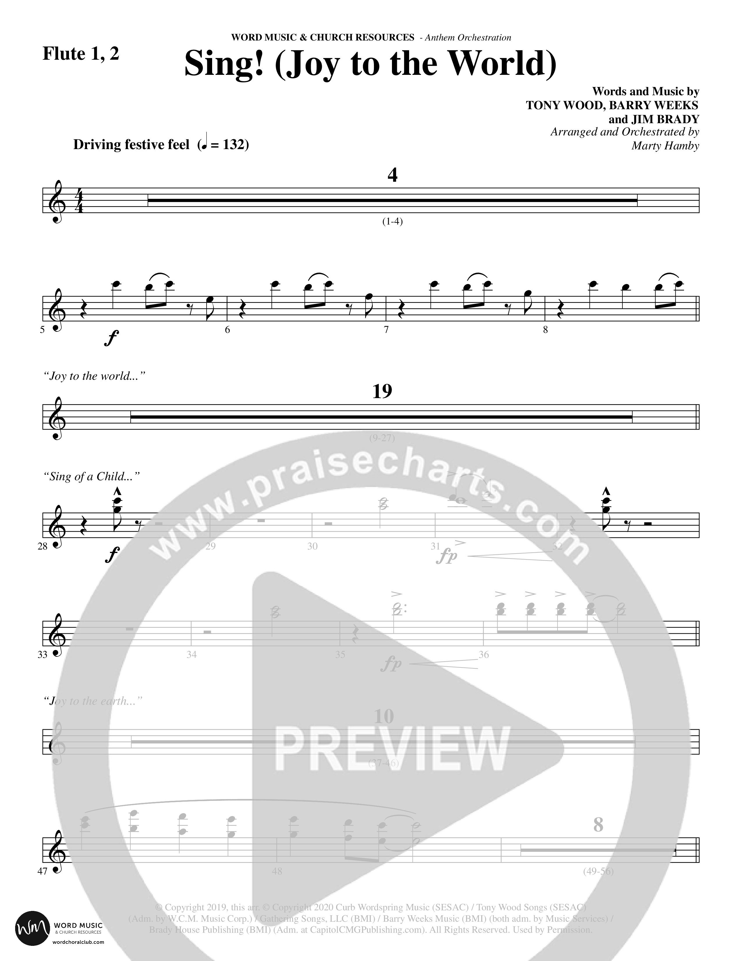Sing Joy To The World (Choral Anthem SATB) Flute 1/2 (Word Music Choral / Arr. Marty Hamby)