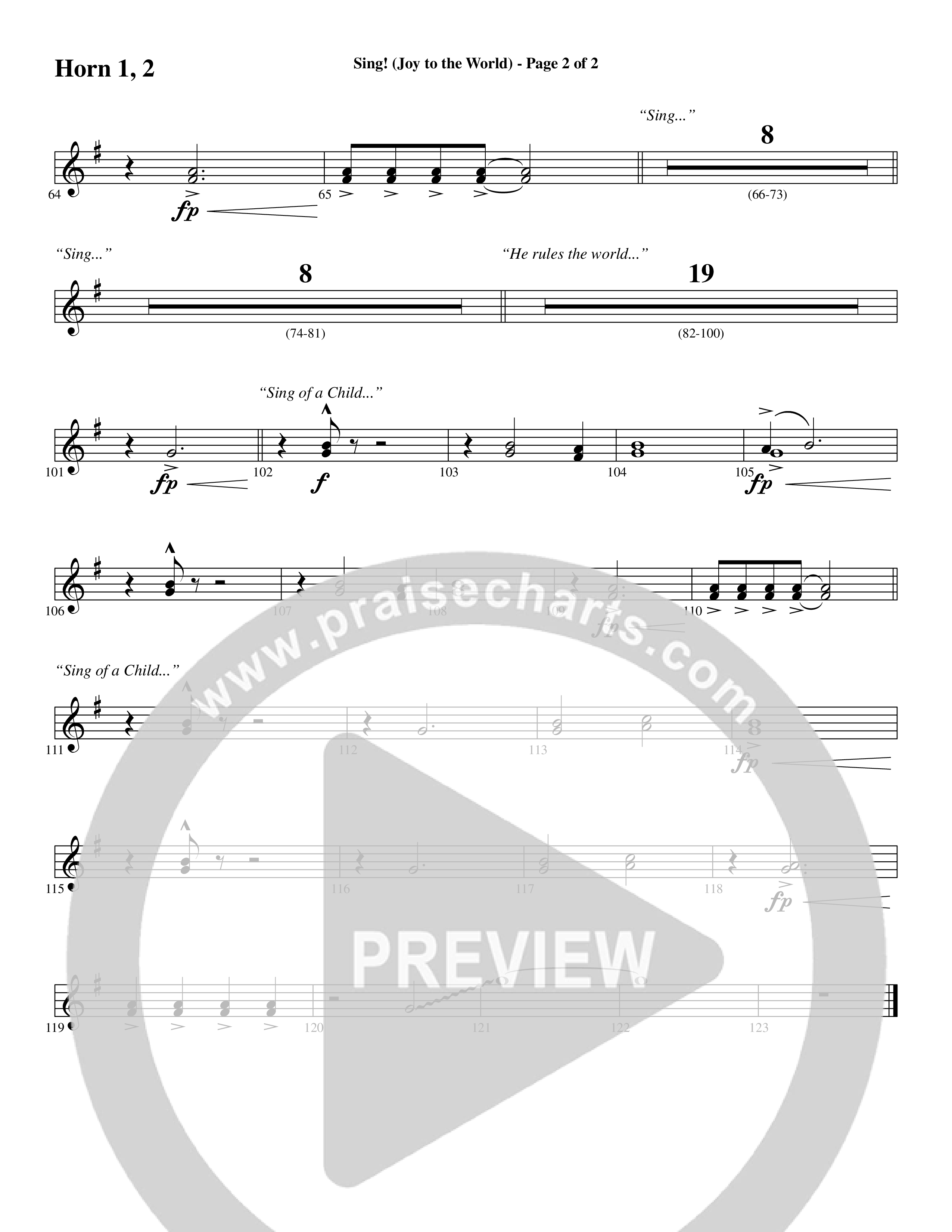 Sing Joy To The World (Choral Anthem SATB) French Horn 1/2 (Word Music Choral / Arr. Marty Hamby)