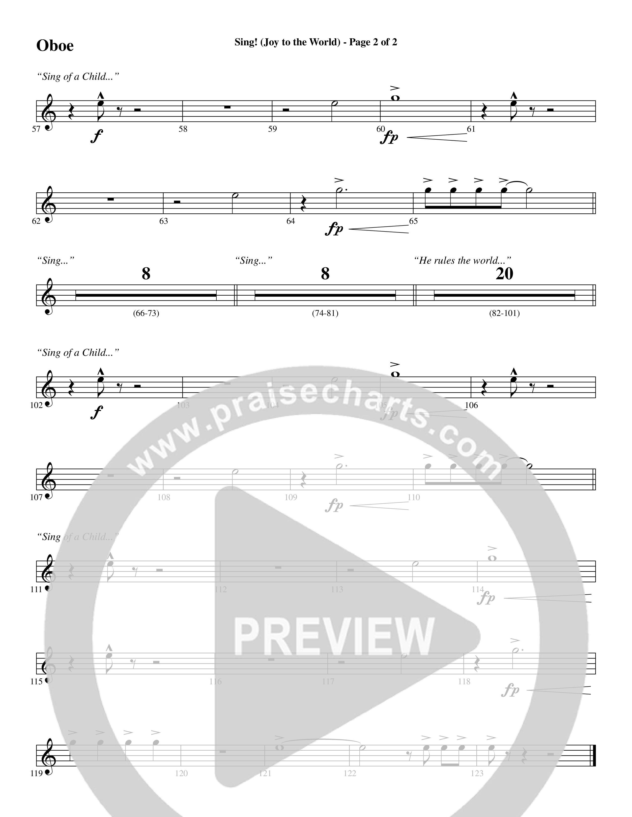 Sing Joy To The World (Choral Anthem SATB) Oboe (Word Music Choral / Arr. Marty Hamby)