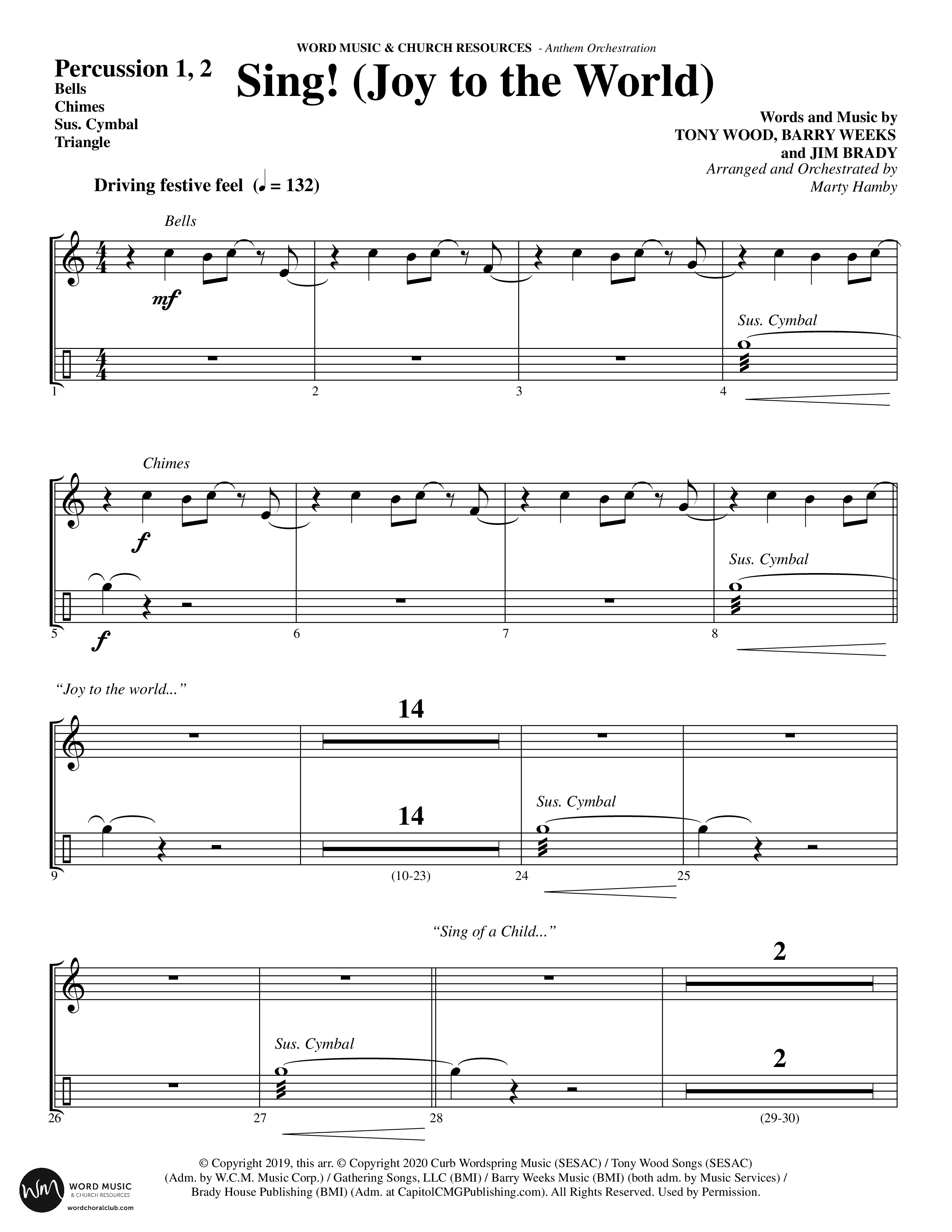 Sing Joy To The World (Choral Anthem SATB) Percussion 1/2 (Word Music Choral / Arr. Marty Hamby)