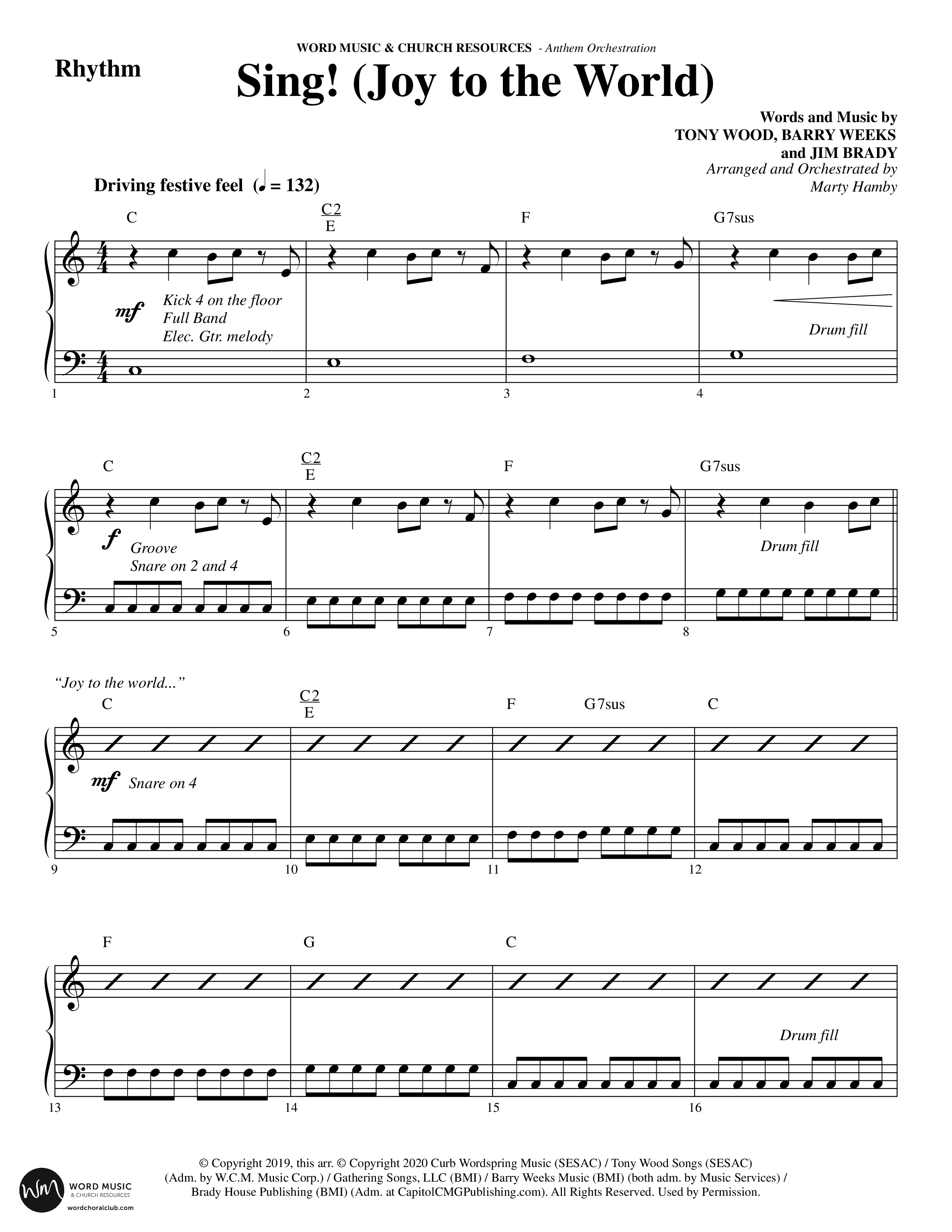 Sing Joy To The World (Choral Anthem SATB) Rhythm Chart (Word Music Choral / Arr. Marty Hamby)