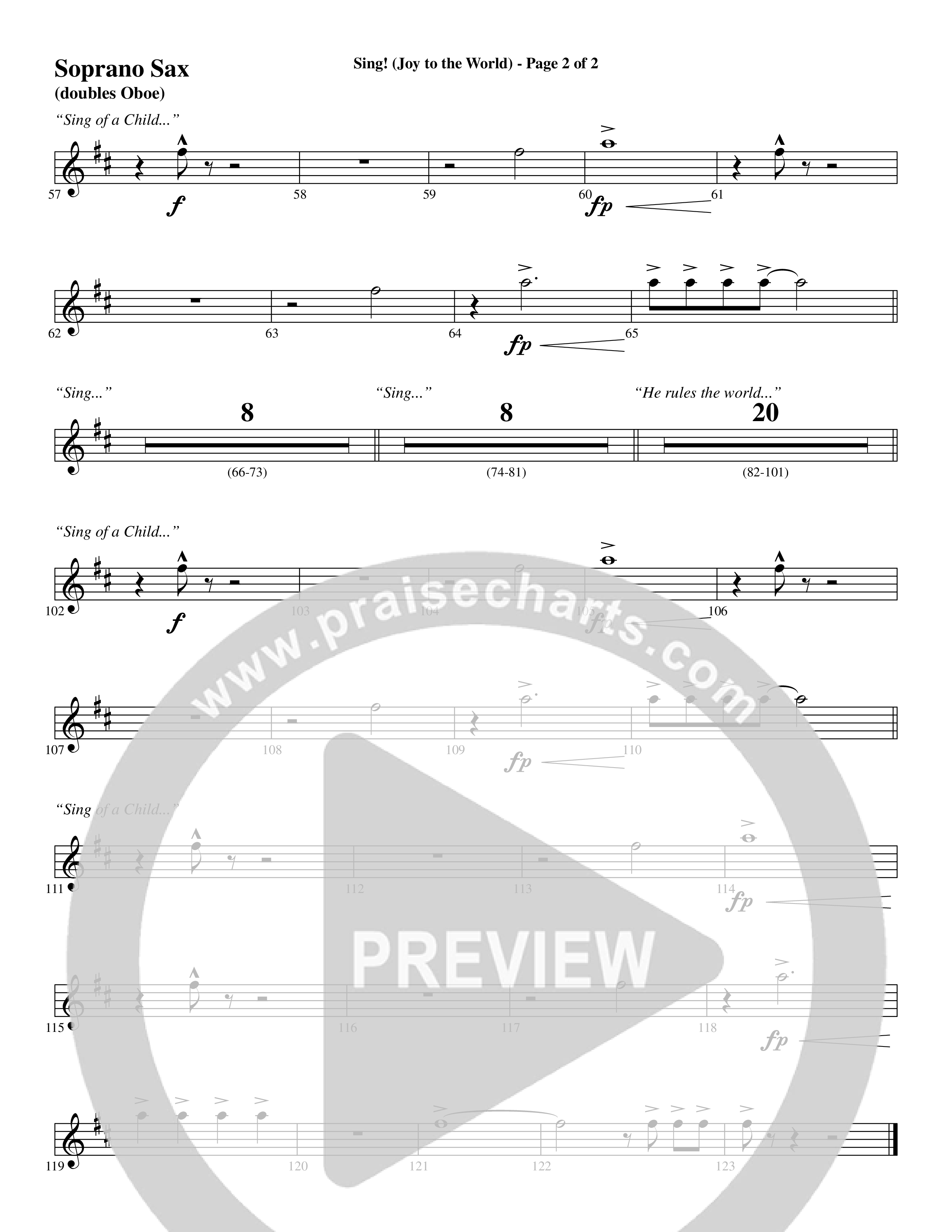 Sing Joy To The World (Choral Anthem SATB) Soprano Sax (Word Music Choral / Arr. Marty Hamby)