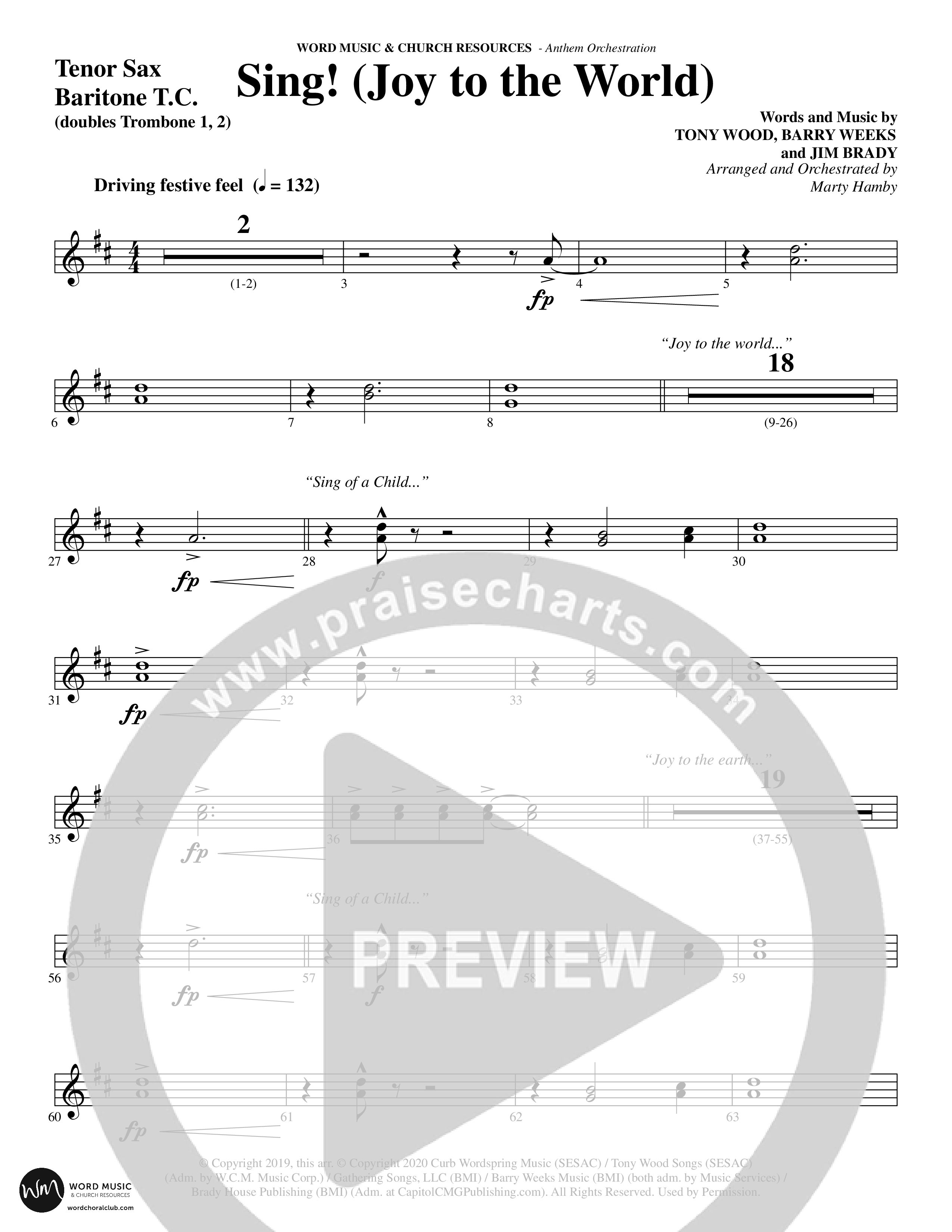 Sing Joy To The World (Choral Anthem SATB) Tenor Sax/Baritone T.C. (Word Music Choral / Arr. Marty Hamby)