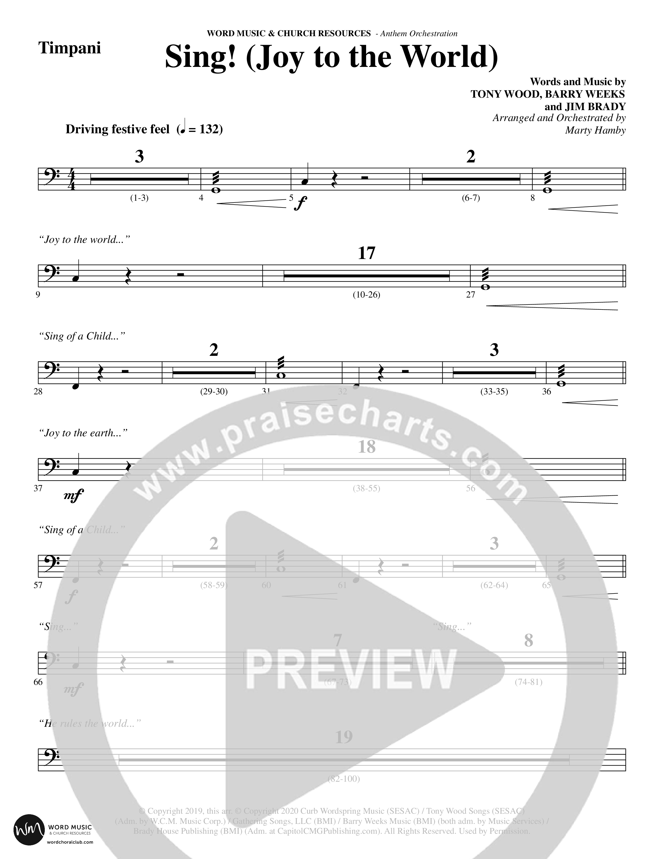 Sing Joy To The World (Choral Anthem SATB) Timpani (Word Music Choral / Arr. Marty Hamby)