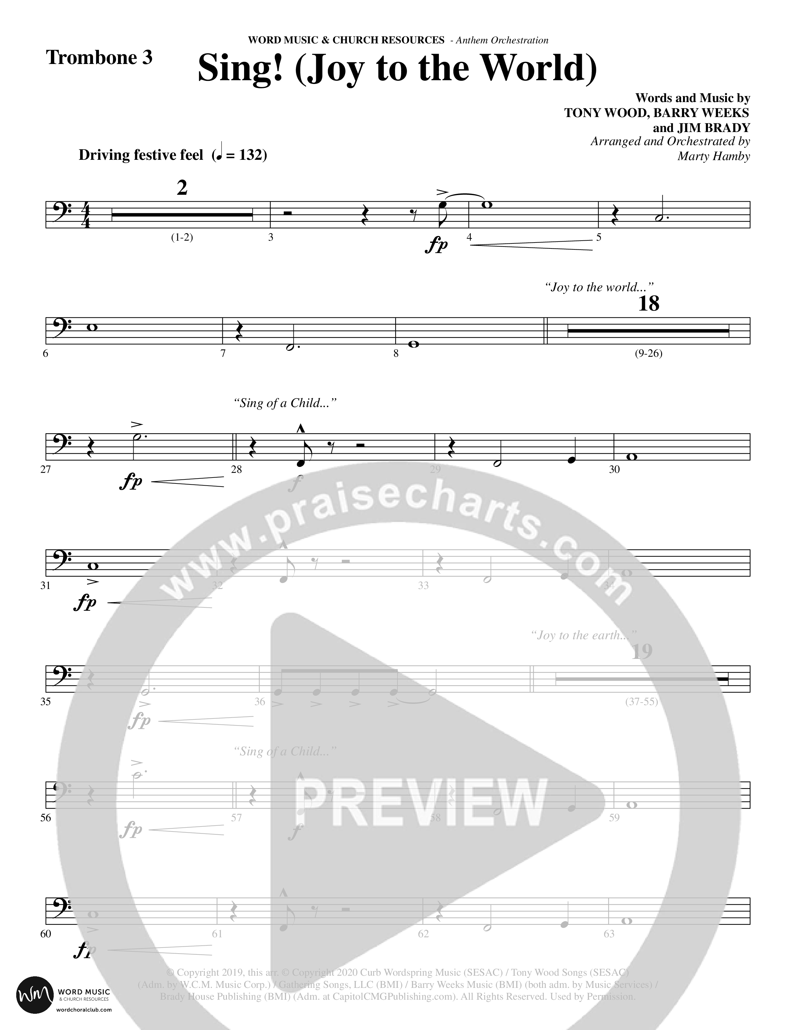Sing Joy To The World (Choral Anthem SATB) Trombone 3 (Word Music Choral / Arr. Marty Hamby)