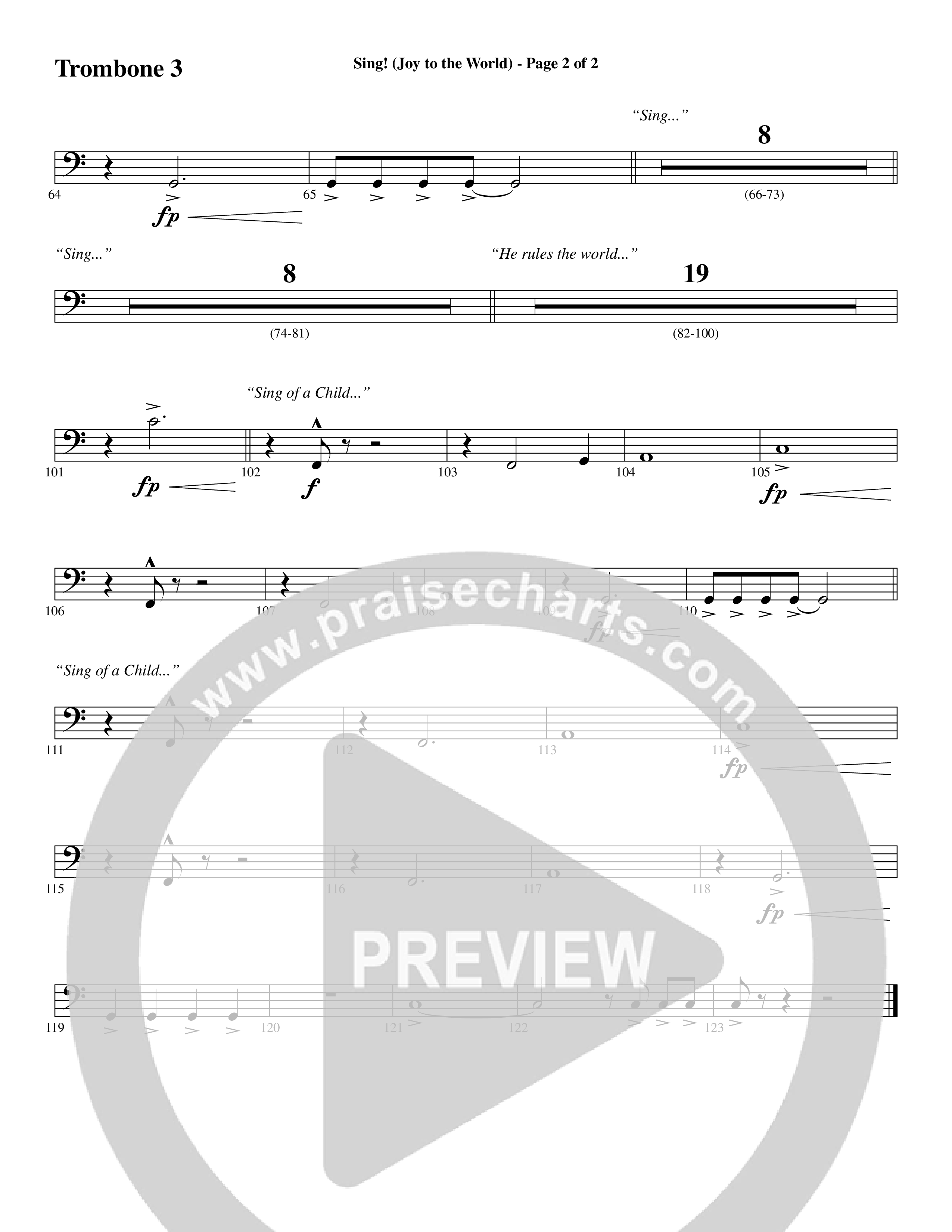Sing Joy To The World (Choral Anthem SATB) Trombone 3 (Word Music Choral / Arr. Marty Hamby)