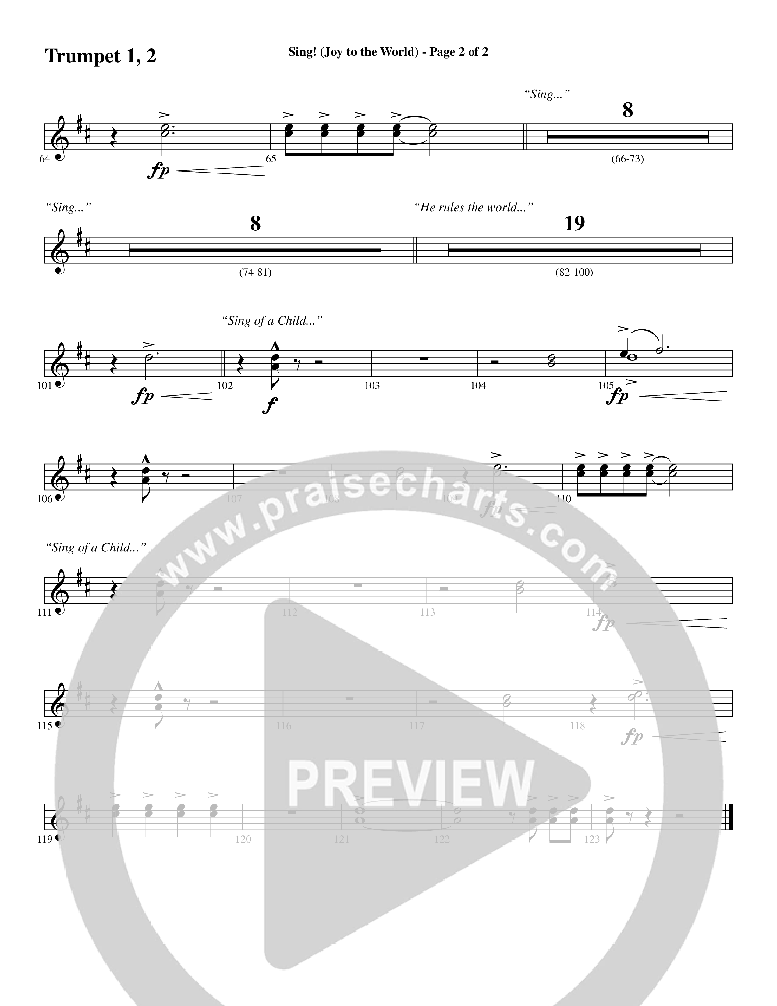 Sing Joy To The World (Choral Anthem SATB) Trumpet 1,2 (Word Music Choral / Arr. Marty Hamby)