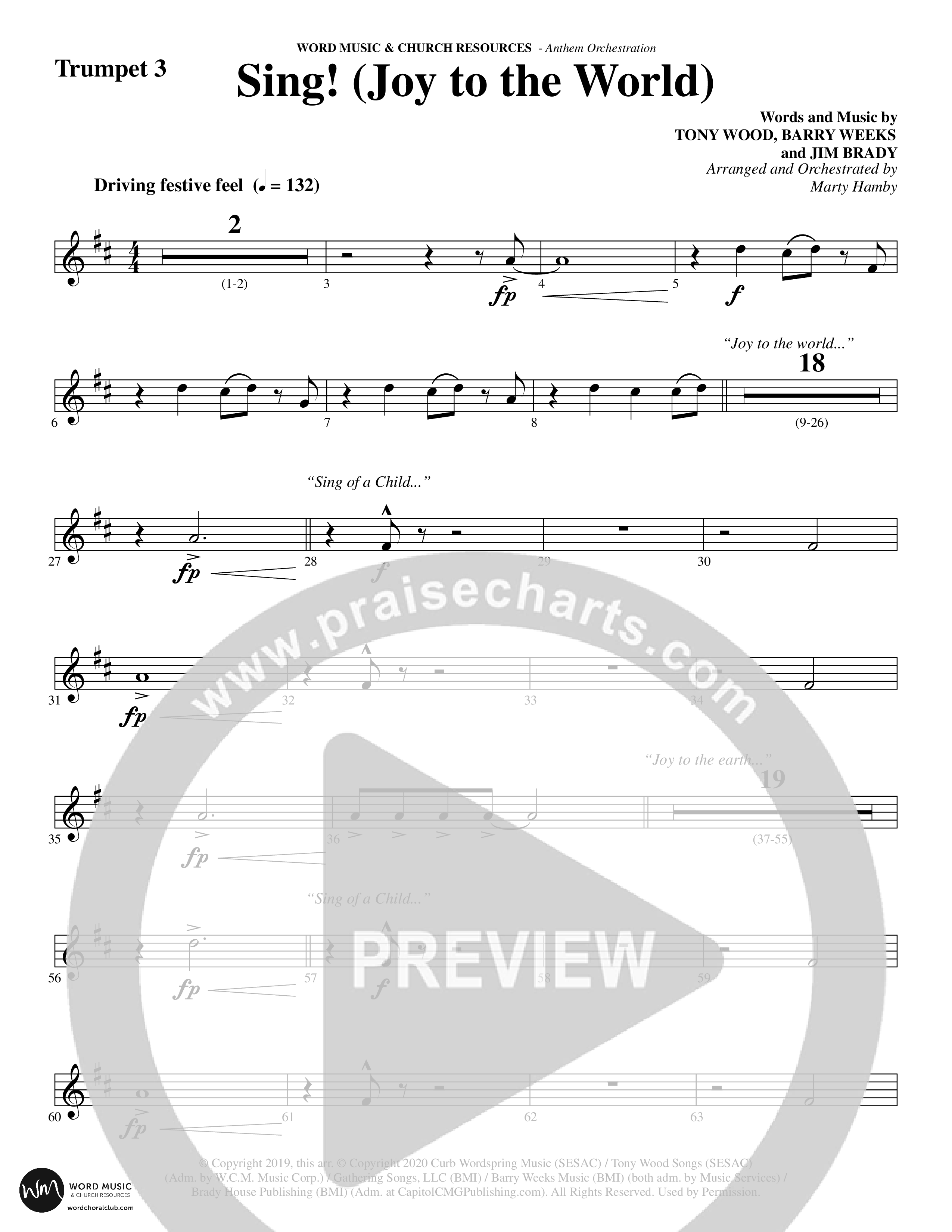 Sing Joy To The World (Choral Anthem SATB) Trumpet (Word Music Choral / Arr. Marty Hamby)