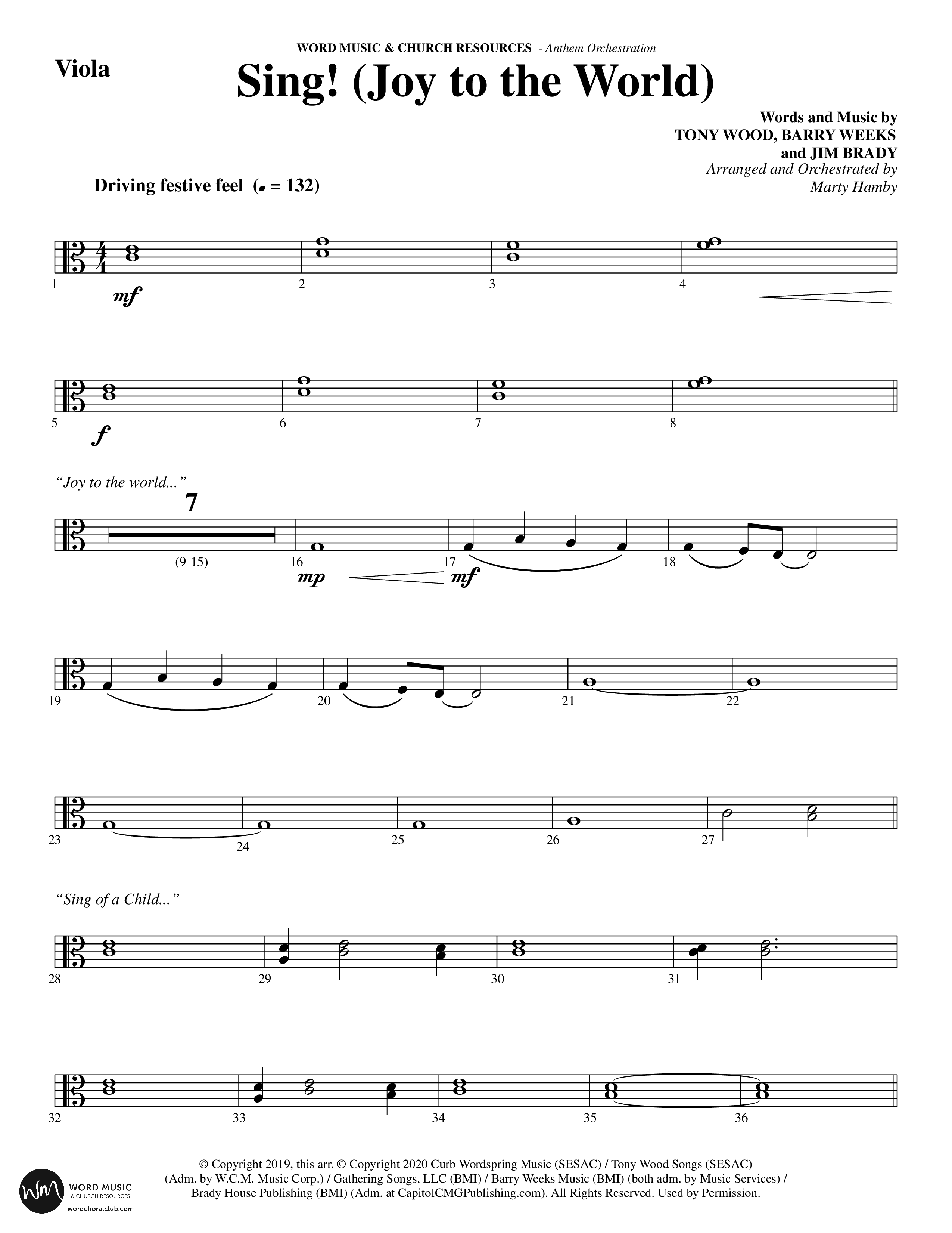 Sing Joy To The World (Choral Anthem SATB) Viola (Word Music Choral / Arr. Marty Hamby)