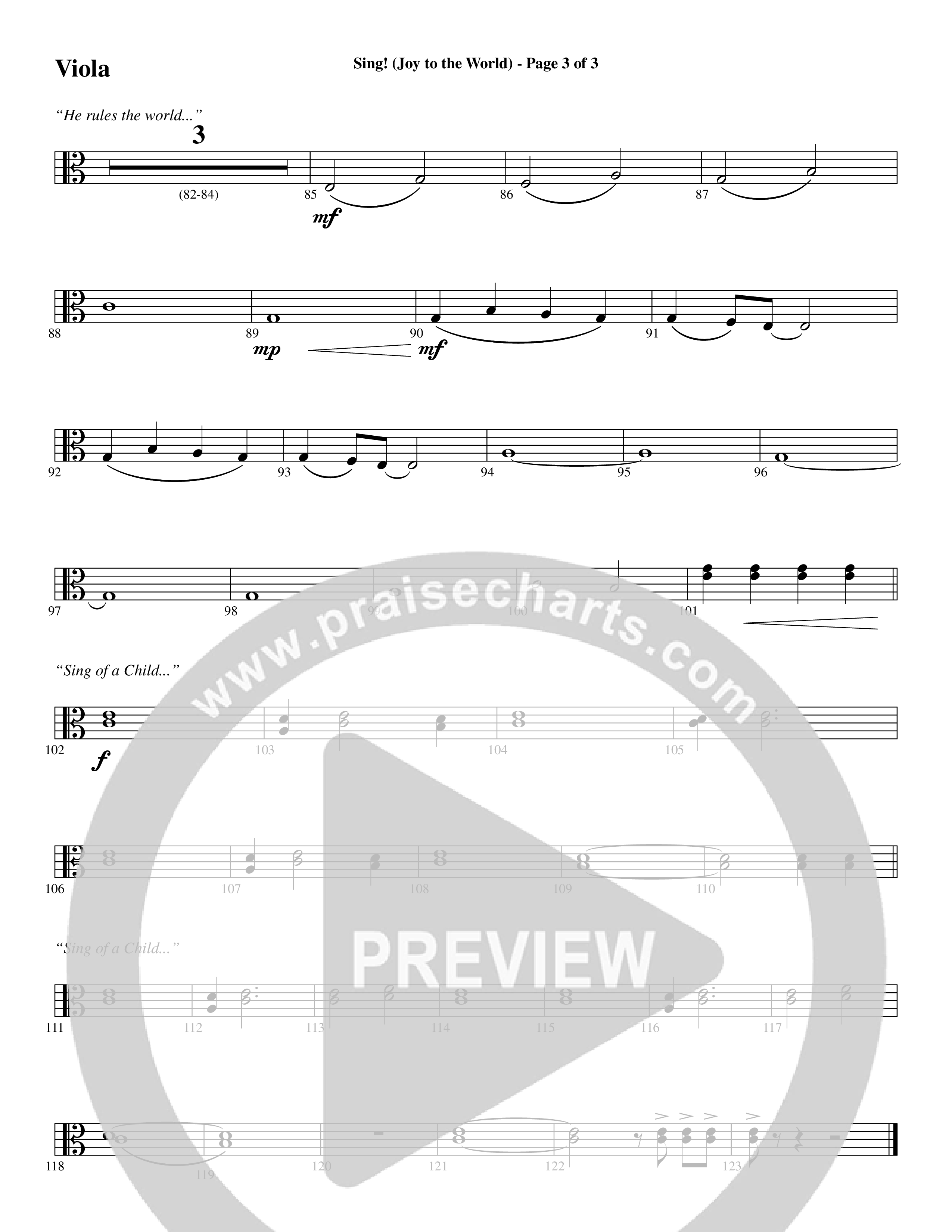 Sing Joy To The World (Choral Anthem SATB) Viola (Word Music Choral / Arr. Marty Hamby)