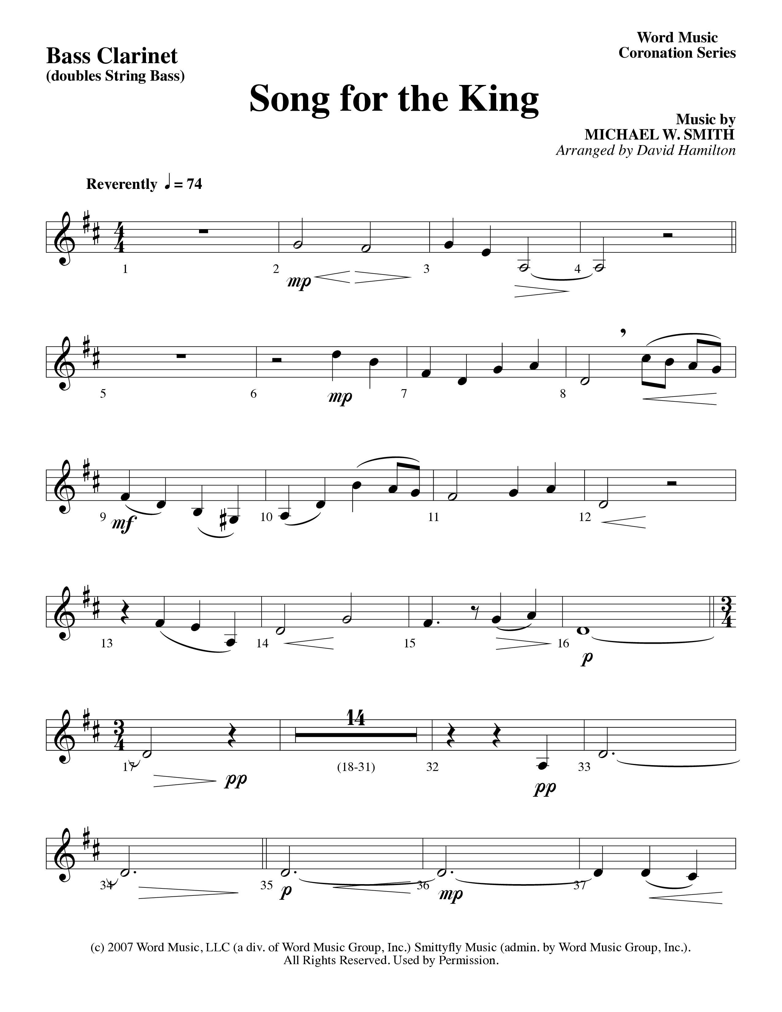 Song For The King (Instrumental) Bass Clarinet (Michael W. Smith / Word Music / Arr. David Hamilton)