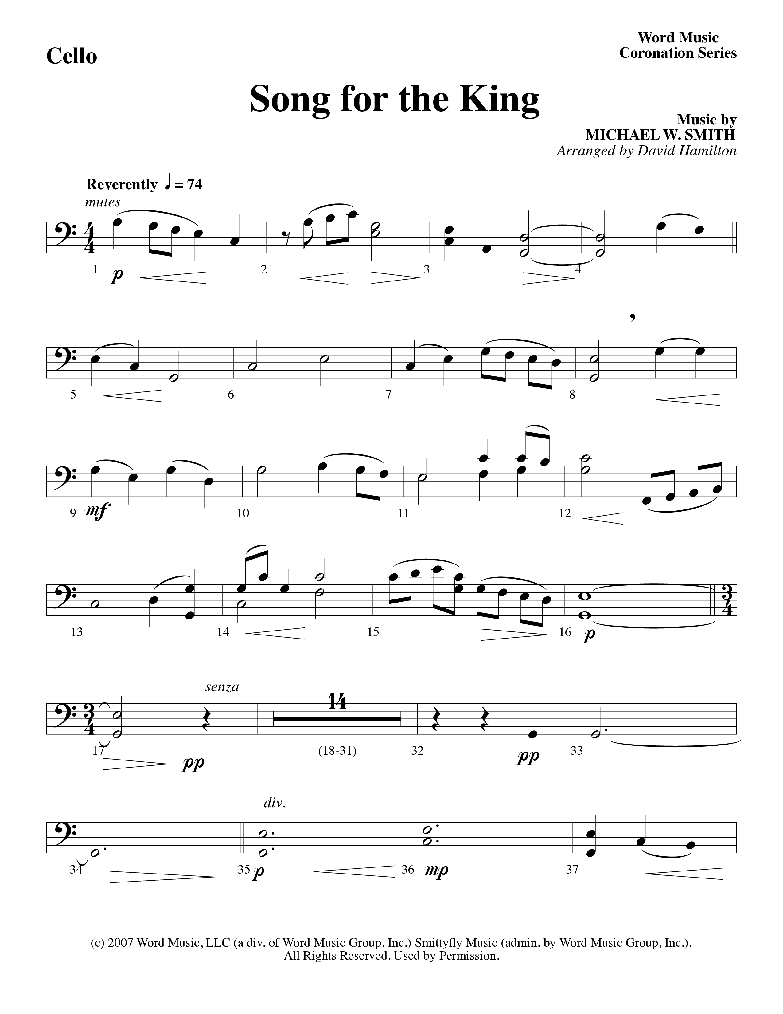 Song For The King (Instrumental) Cello (Michael W. Smith / Word Music / Arr. David Hamilton)