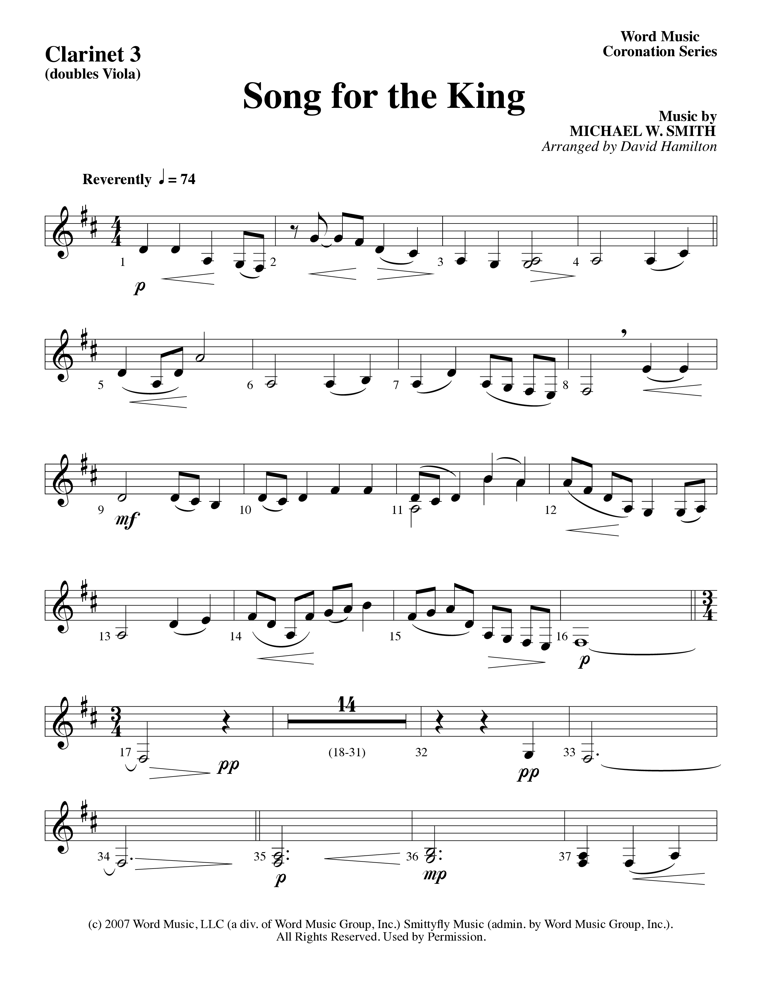 Song For The King (Instrumental) Clarinet 3 (Michael W. Smith / Word Music / Arr. David Hamilton)