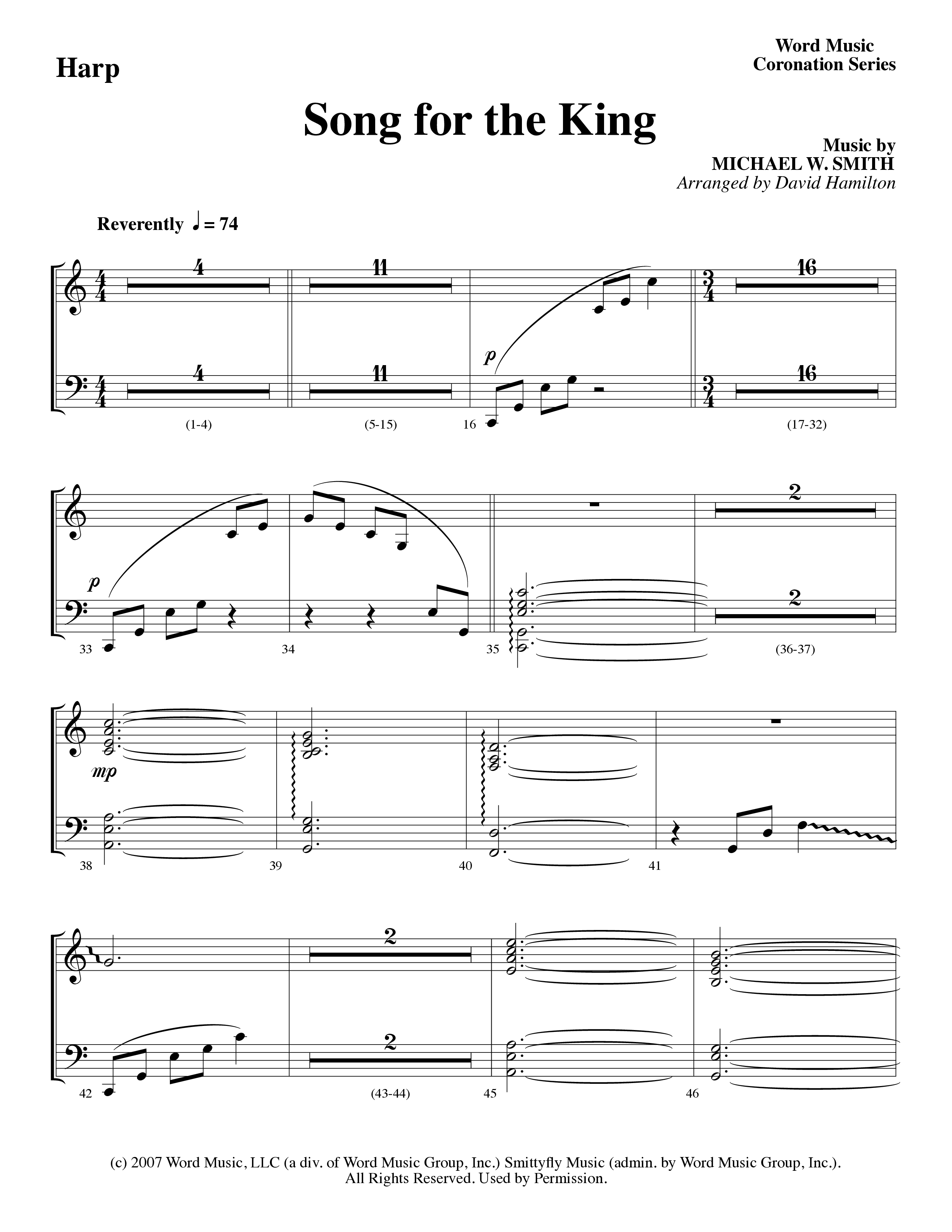 Song For The King (Instrumental) Harp (Michael W. Smith / Word Music / Arr. David Hamilton)